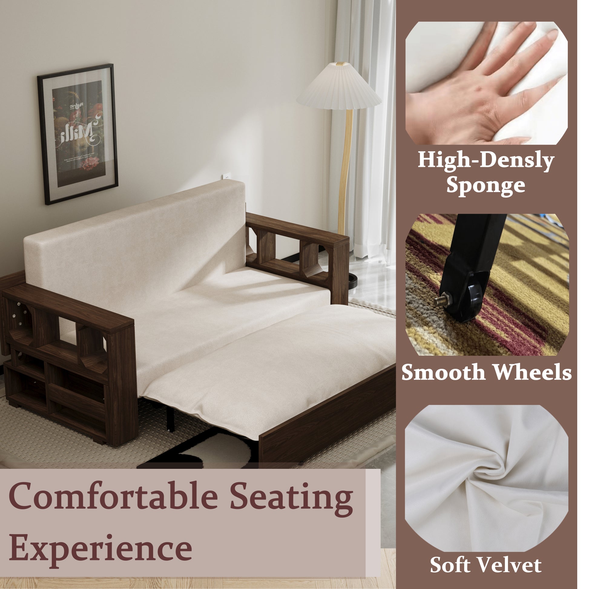 3 In 1 Convertible Sleeper Sofa Bed,Modern Velvet Loveseat Couch With Pull Out Bed,Small Beautiful Seat Futon Sofa Bed With Convertible Office Desk,Beige Beige Metal & Wood 2 Seat