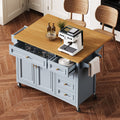 K&K 52'' Kitchen Island With Drop Leaf, Embossed Texture Kitchen Island On Wheels With Spice Rack, Towel Rack, 2 Doors And 5 Drawers, Kitchen Storage Cart With Adjustable Shelf For Kitchen, Blue