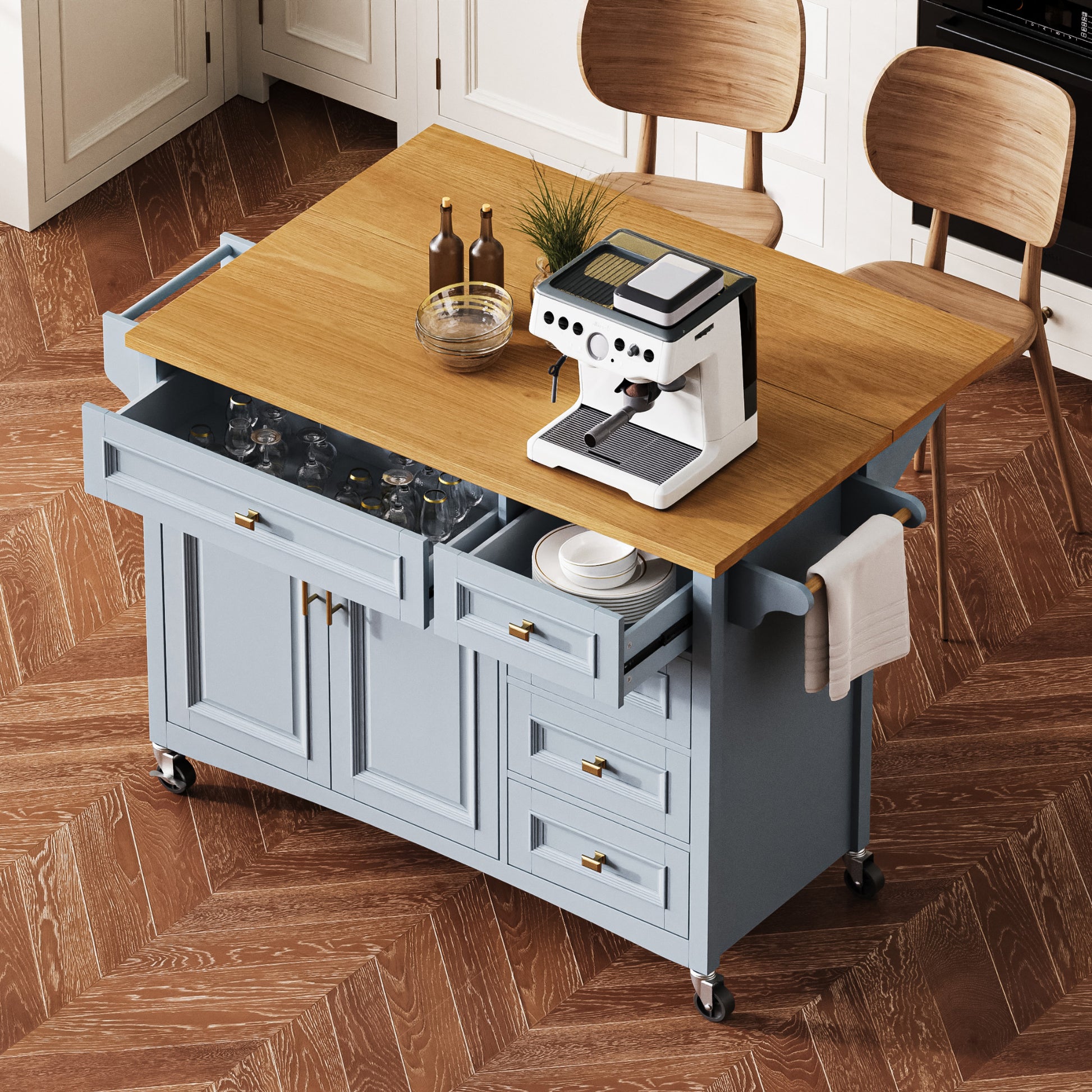 K&K 52'' Kitchen Island With Drop Leaf, Embossed Texture Kitchen Island On Wheels With Spice Rack, Towel Rack, 2 Doors And 5 Drawers, Kitchen Storage Cart With Adjustable Shelf For Kitchen, Blue