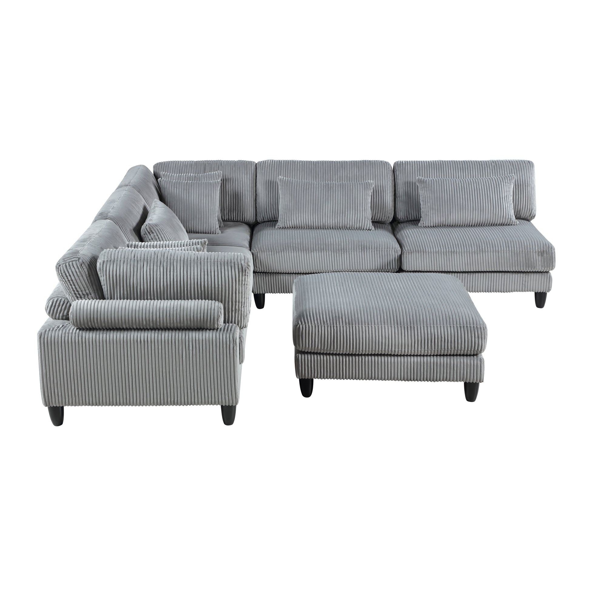 6Pc Modular Sectional Set Gray Corduroy Upholstery 3X Armless Chairs 2X Corner Seats 1X Ottoman Pillows Living Room Furniture Gray Corduroy Wood Primary Living Space Contemporary,Modern Modular