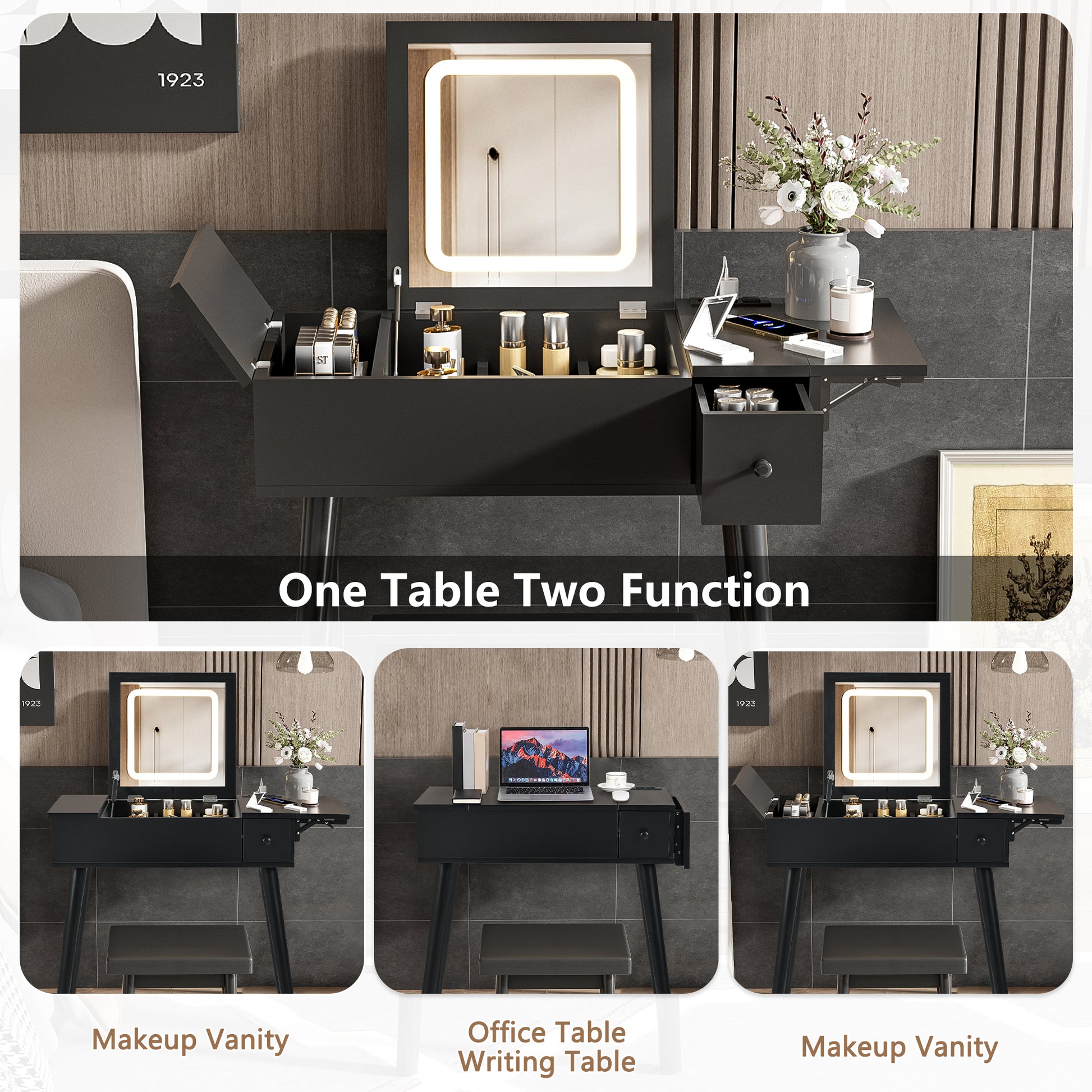 27.9'' Black Makeup Vanity Desk With Flip Top Mirror And Led Light, Dressing Table With Charging Station, 2 Drawers And Fold Up Panel, Vanity Set With Cushioned Stool For Bedroom Black