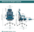 Retractable Footrest Ergonomic Swivel Office Chair With Lumbar Support Pillow And Padded Armrests, Blue Blue Metal