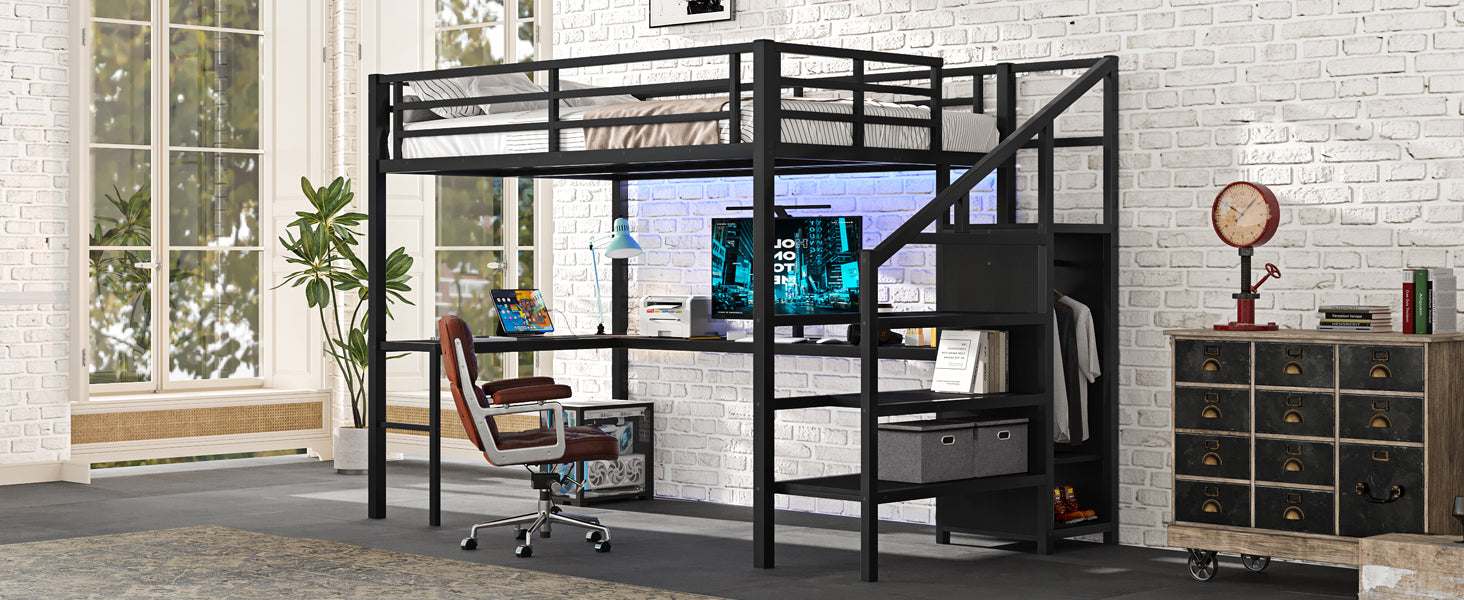 Full Size Loft Bed With L Shaped Desk And Usb, Metal Loft Bed With Wardrobe And Adjustable Shelf, High Loft Bed With Led For Kids Teens Adults, Black Full Black Metal