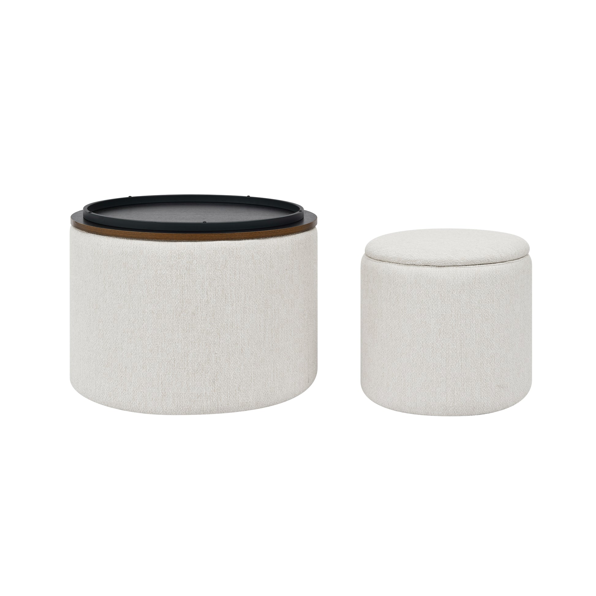 2 Piece Set Round Chenille Storage Ottoman, Equipped With A Drum Shaped Small Stool, Storage Space, And Mdf Made Desktop Panel Beige 23.62"X23.62"X16.53" Beige Chenille