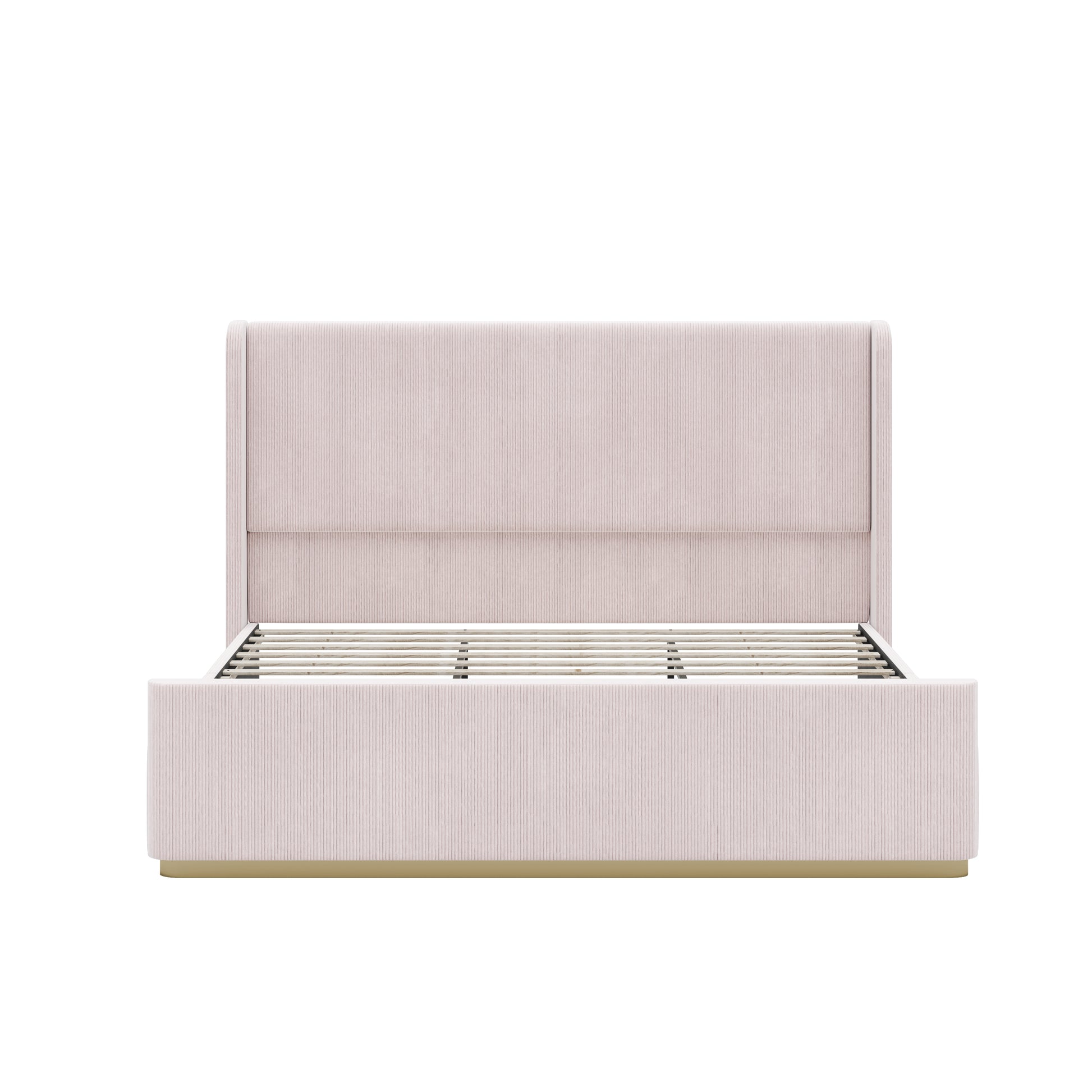 King Size Corduroy Upholstered Bed Frame With Vertical Stripe Wingback Headboard And High Footboard, Pink Pink Wood