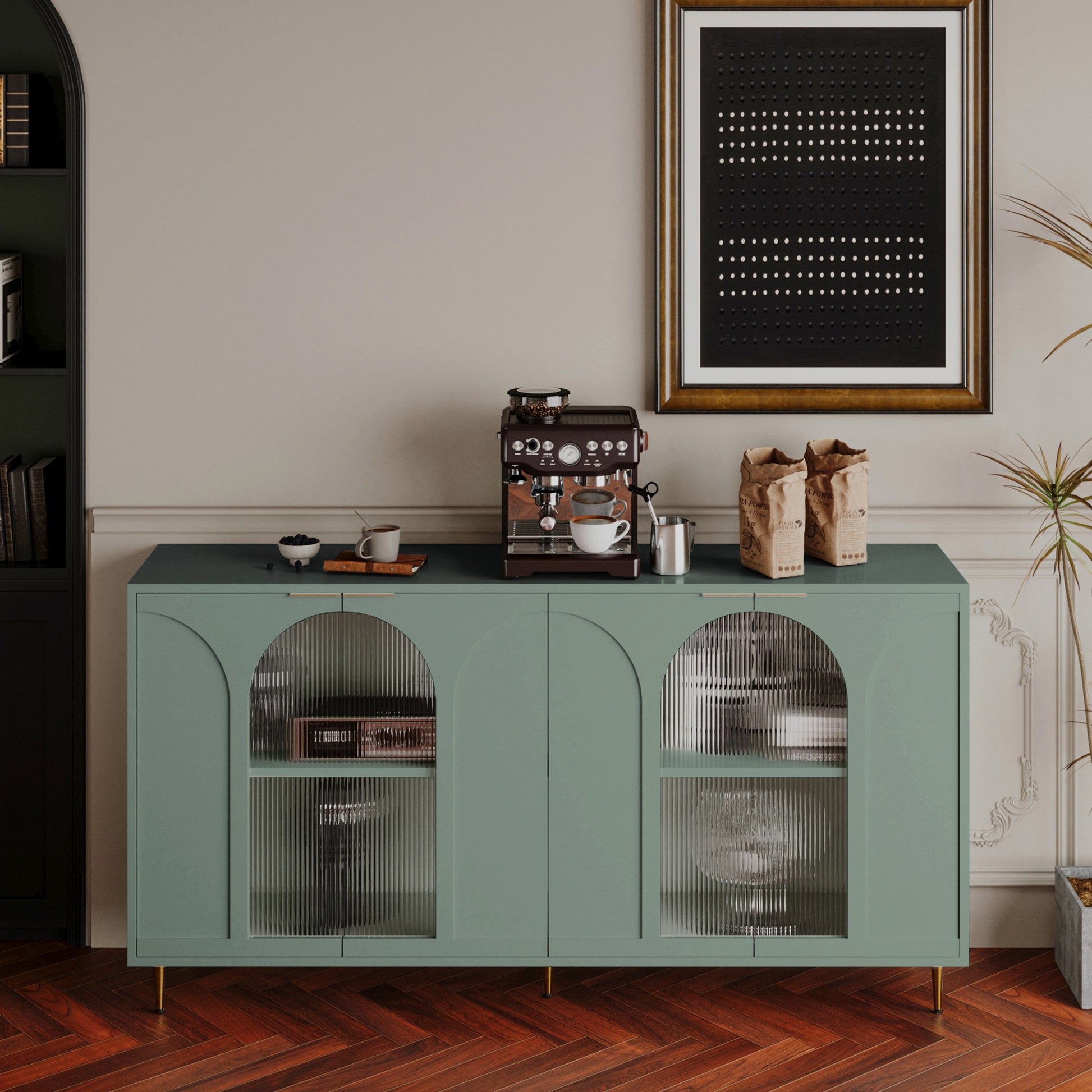 Accent Cabinet Lacquered Wooden Cabinet With 4 Glass Doors Sideboard Buffet Server Cabinet Storage Cabinet, For Living Room, Entryway, Hallway, Office, Kitchen And Dining Room, Mint Green Lacquered