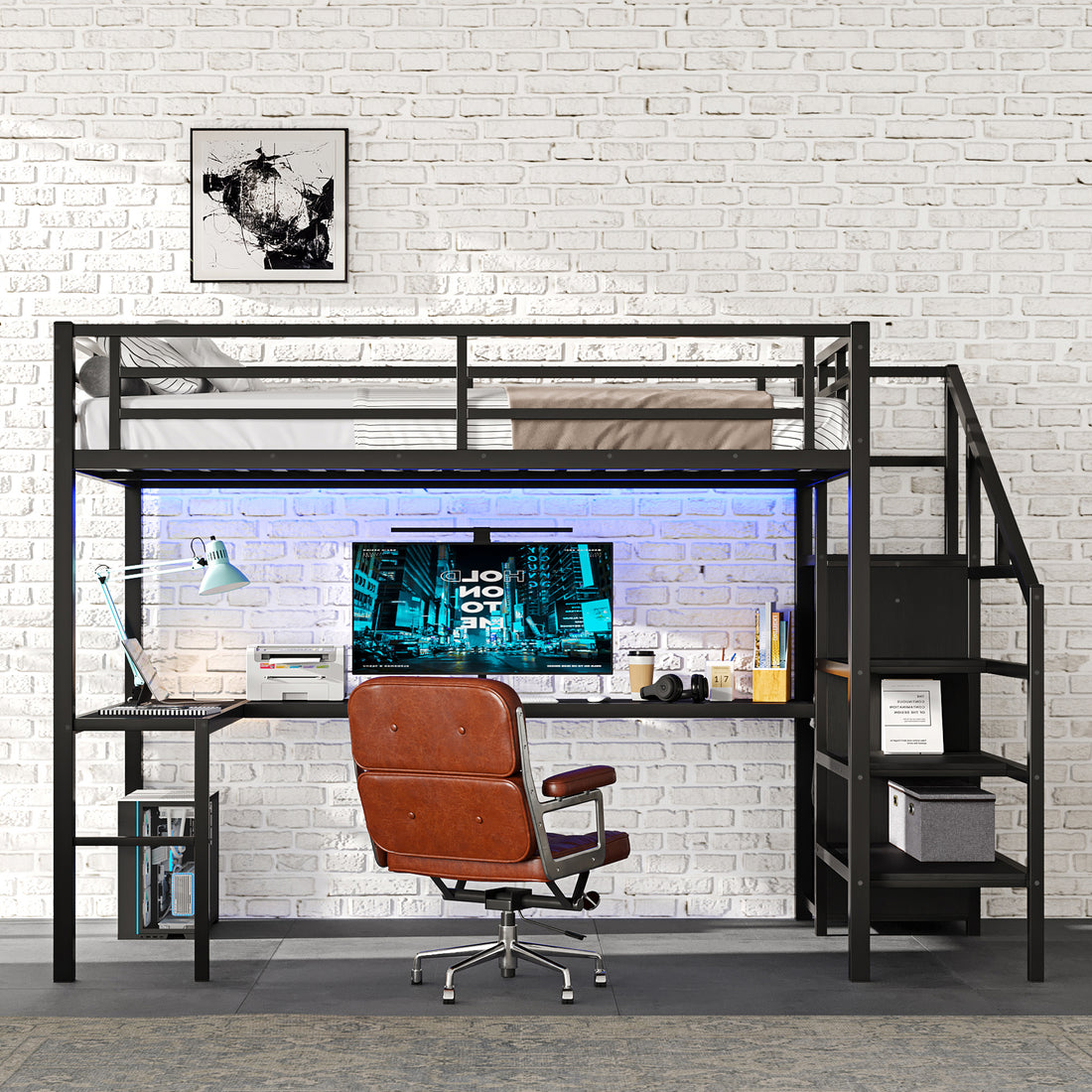 Full Size Loft Bed With L Shaped Desk And Usb, Metal Loft Bed With Wardrobe And Adjustable Shelf, High Loft Bed With Led For Kids Teens Adults, Black Full Black Metal