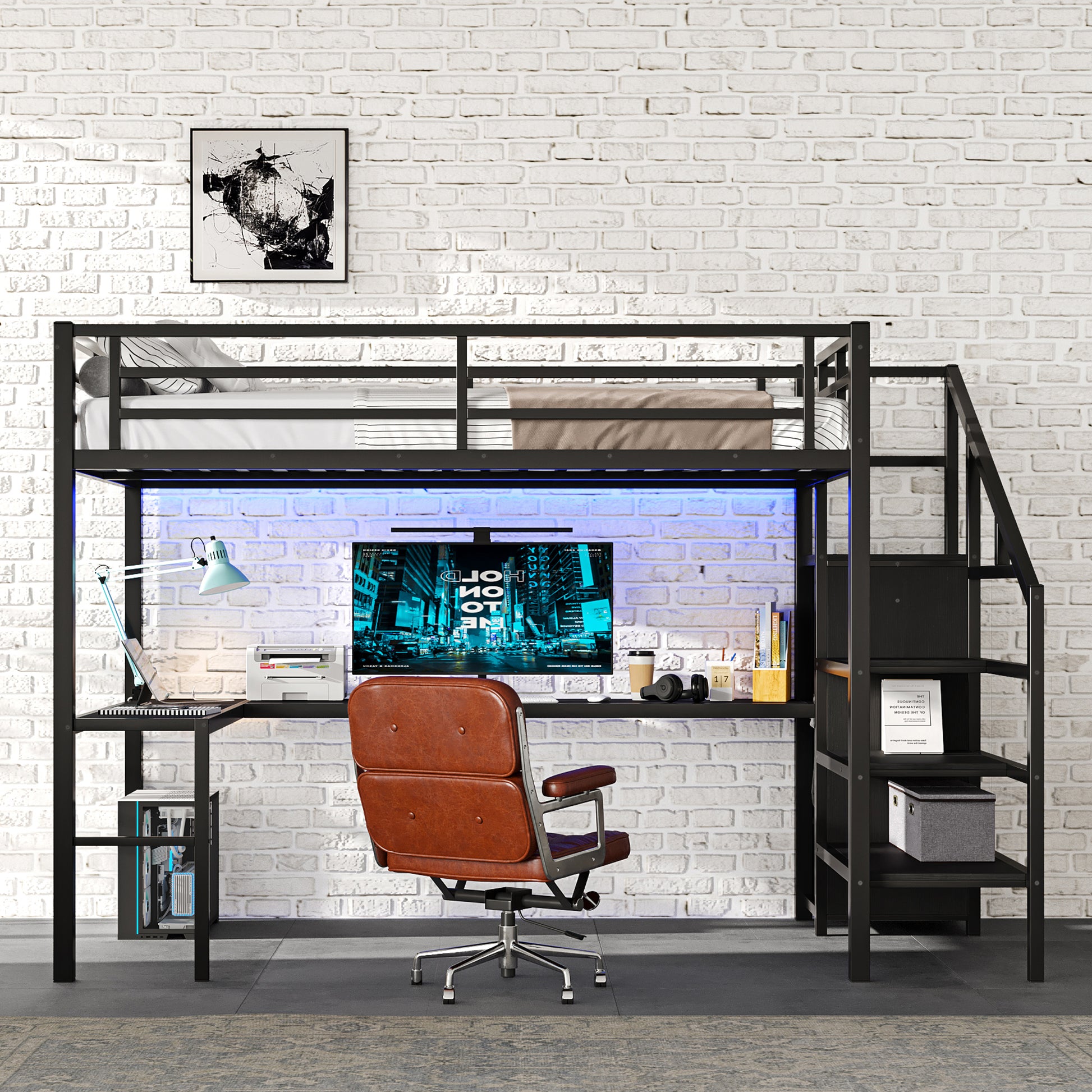 Full Size Loft Bed With L Shaped Desk And Usb, Metal Loft Bed With Wardrobe And Adjustable Shelf, High Loft Bed With Led For Kids Teens Adults, Black Full Black Metal