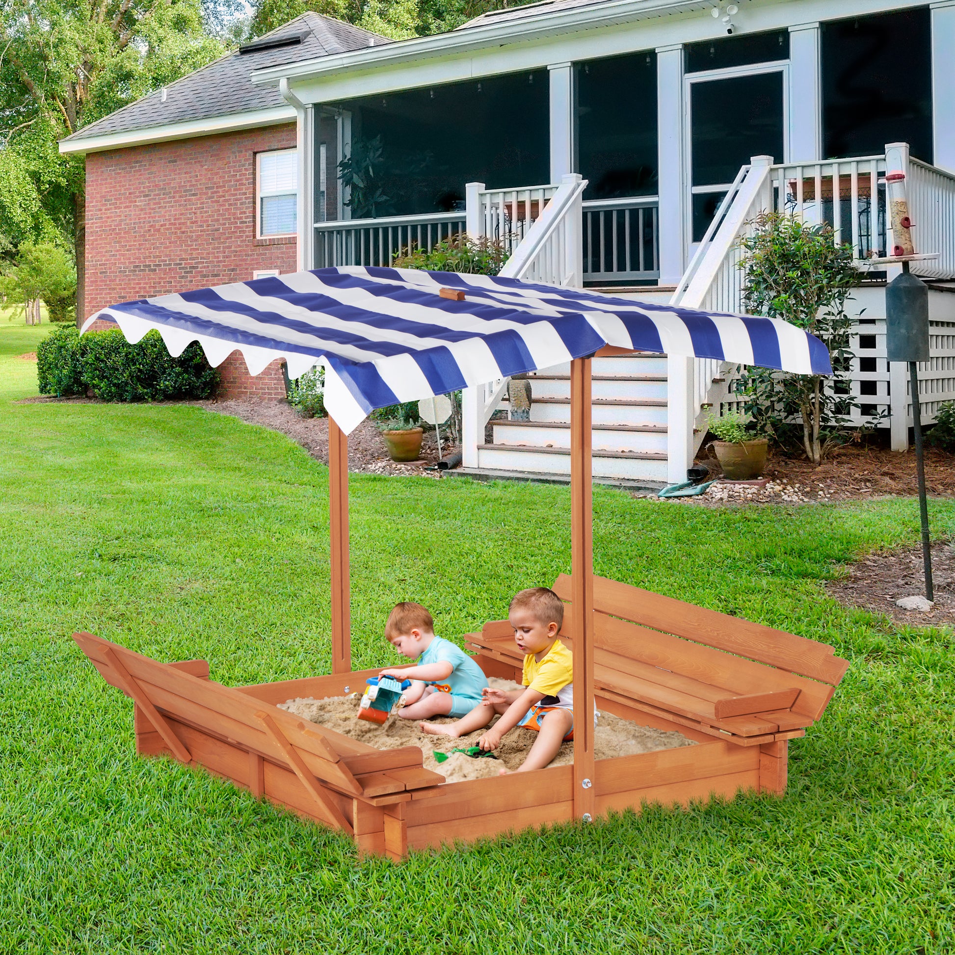 Kids Sandbox With Adjustable Cover, 46'' Wooden Sand Box With 2 Foldable Bench Seats, Outdoor Sandpit For Backyard Play Light Brown Solid Wood