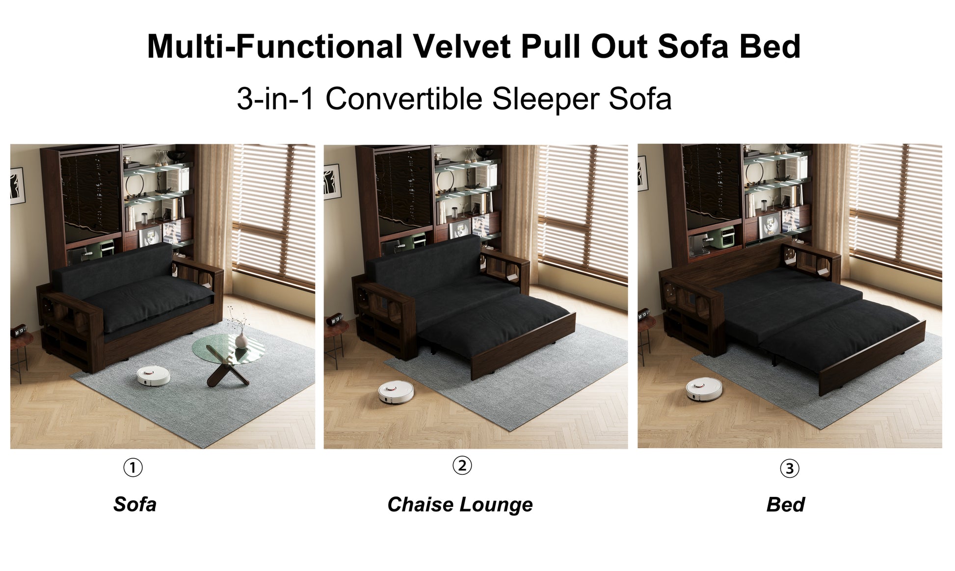 3 In 1 Convertible Sleeper Sofa Bed,Modern Velvet Loveseat Couch With Pull Out Bed,Small Beautiful Seat Futon Sofa Bed With Convertible Office Desk,Black Black Metal & Wood 2 Seat