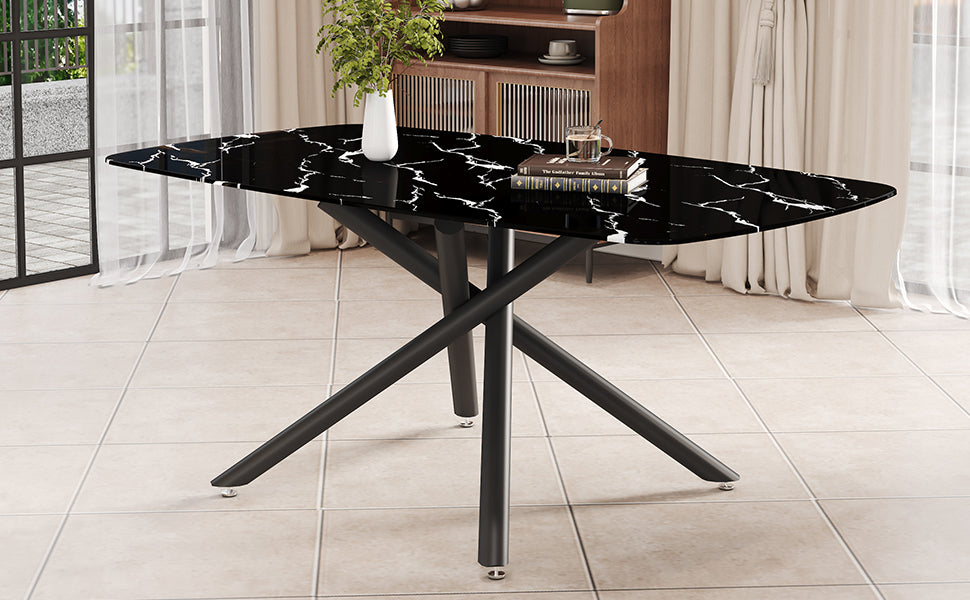 Large Modern Minimalist Rectangular Dining Table With 0.39 "Imitation Marble Black Tabletop And Black Metal Legs, Suitable For Kitchen, Dining Room, Living Room, Conference Room, And Banquet Hall 1537 Black Glass Metal