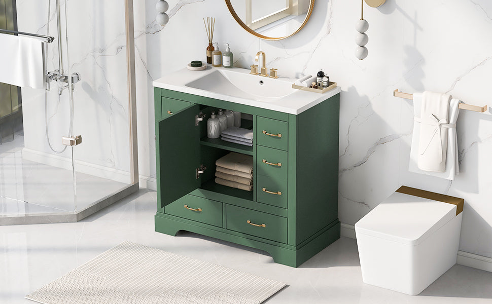 36" Bathroom Vanity With Sink Combo, Six Drawers, Multi Functional Drawer Divider, Adjustable Shelf, Green Green Solid Wood Mdf
