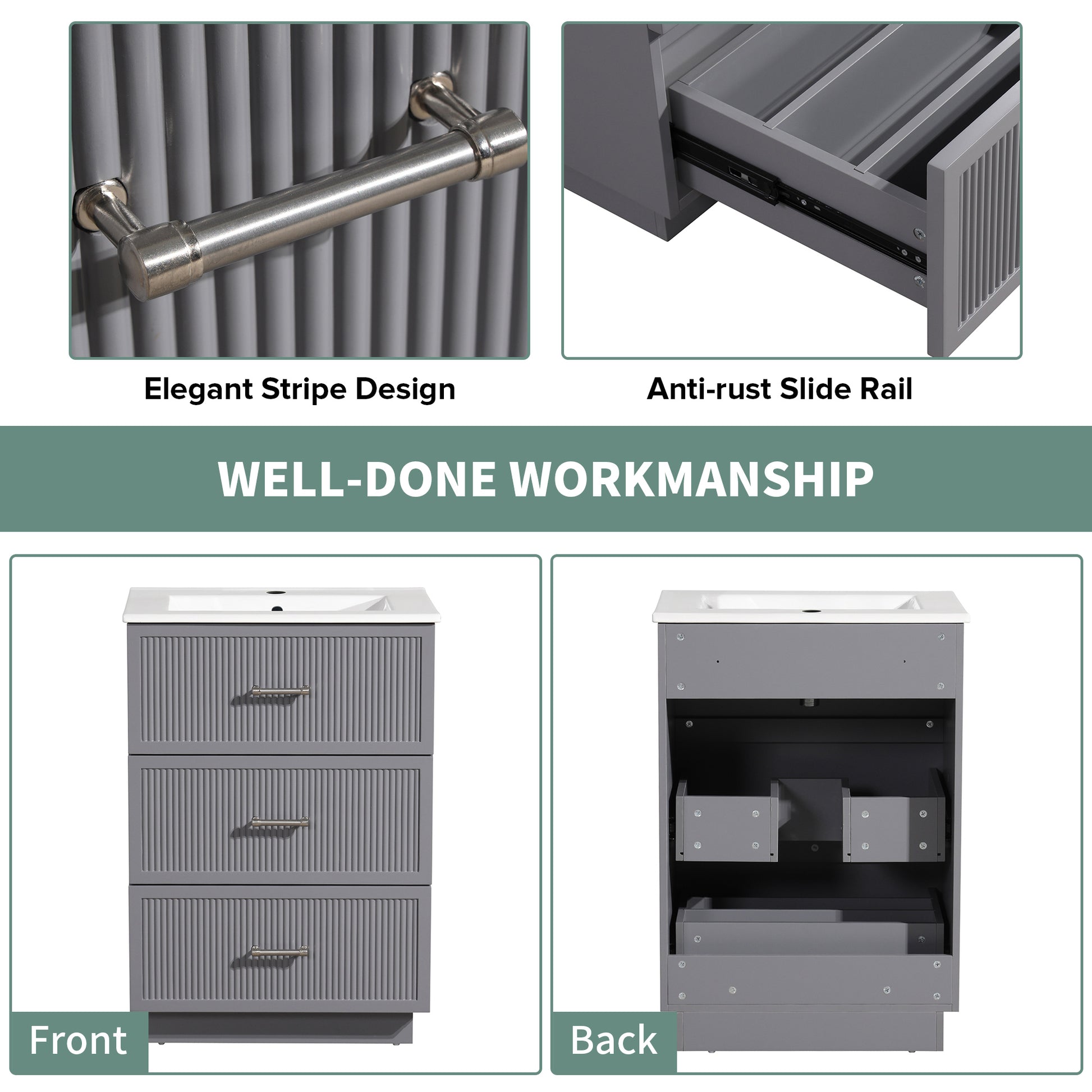 24 Inch Bathroom Vanity With Ceramic Sink Set, Modern Freestanding Bathroom Storage Cabinet With 2 Drawers, Floor Standing Bath Vanity Combo, Gray Grey Mdf