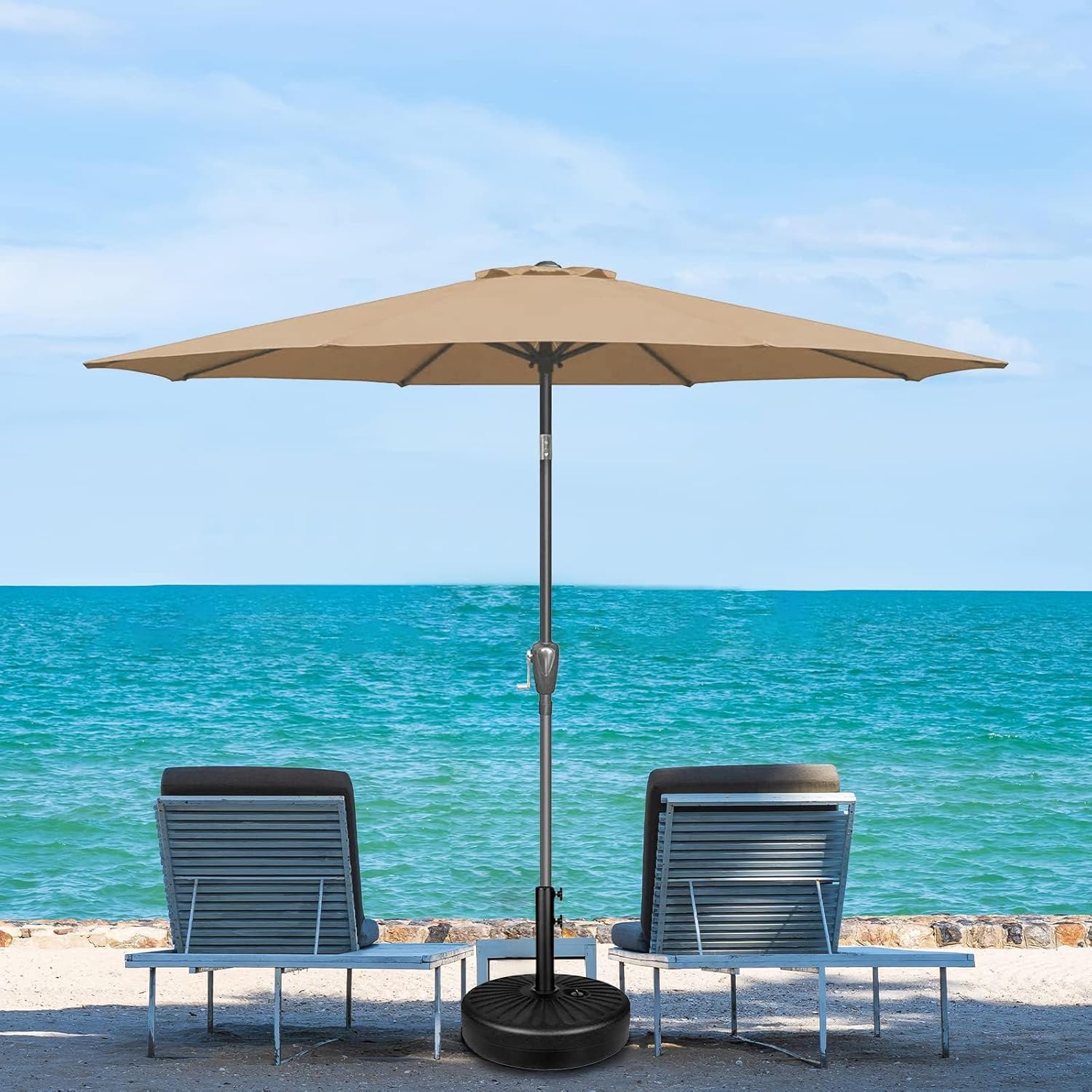 9Ft Outdoor Patio Umbrella Table Market Umbrella With Push Button Tilt And Crank, 8 Sturdy Ribs, Uv Protection Waterproof For Garden, Lawn, Deck, Backyard, Pool,Tan Tan Polyester