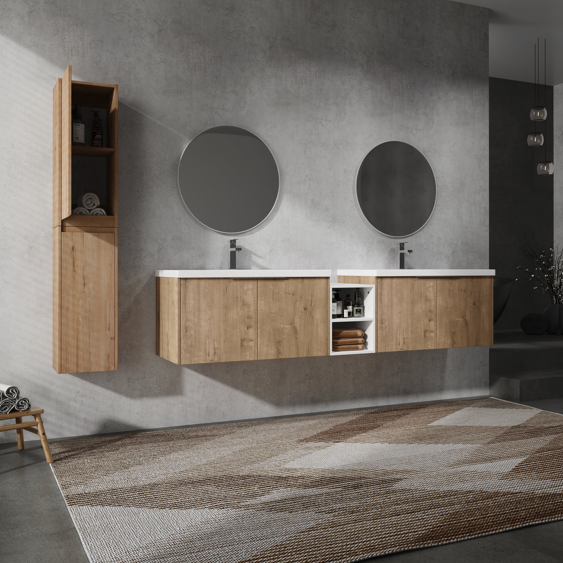 84" Wall Mounted Bathroom Vanity With Sink And Side Cabinet, Soft Close Doors,00112Imo 00636Imox2 0612Gwh Combination Cabinet Kd Packing Imitative Oak Bathroom Modern Plywood Plywood