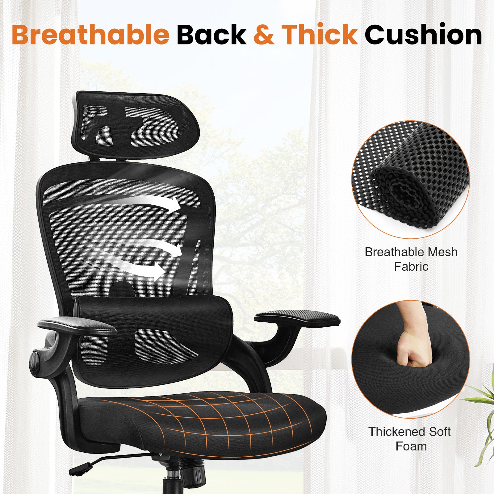 High Back Desk Chair With Adjustable Lumbar Support & Headrest,Comfortable Mesh Computer Chair With Soft Flip Up Arms, Adjustable Height And 120 Tilt,Black Black Abs Pc