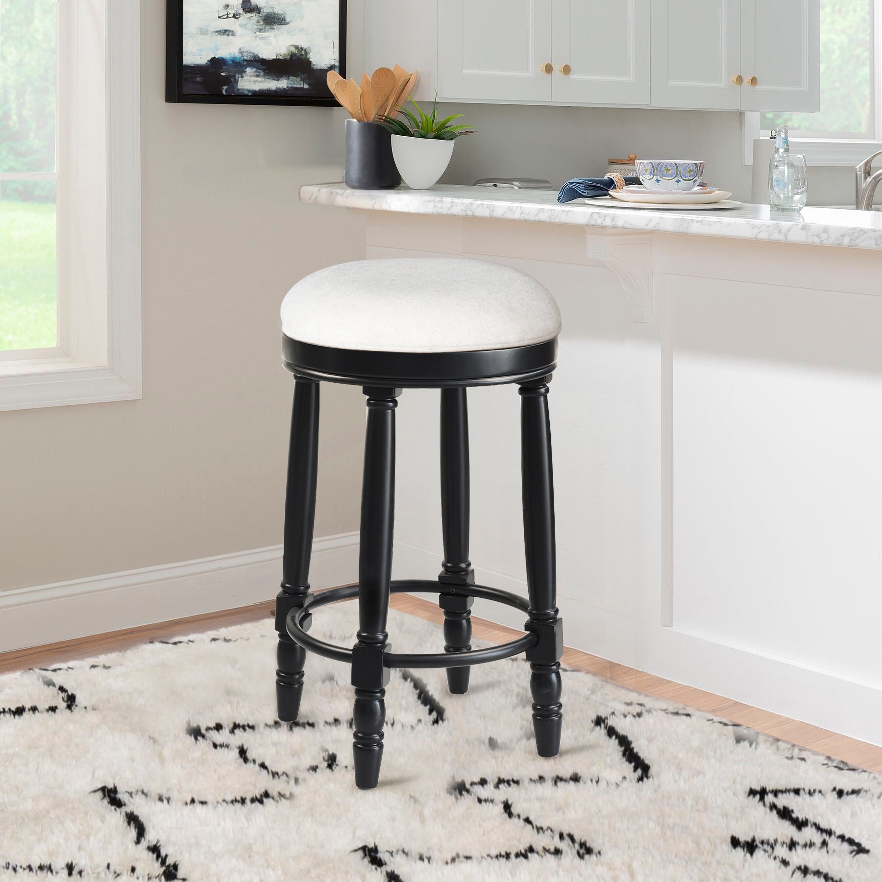 Bar Stools Set Of 2 Black Color, 360 Degree Swivel, Accent Wooden Swivel Seat Counter Height Bar Stool,White Cushion Seat, Barstool Perfect For Dining And Living Room Height 26" Cushion Solid White
