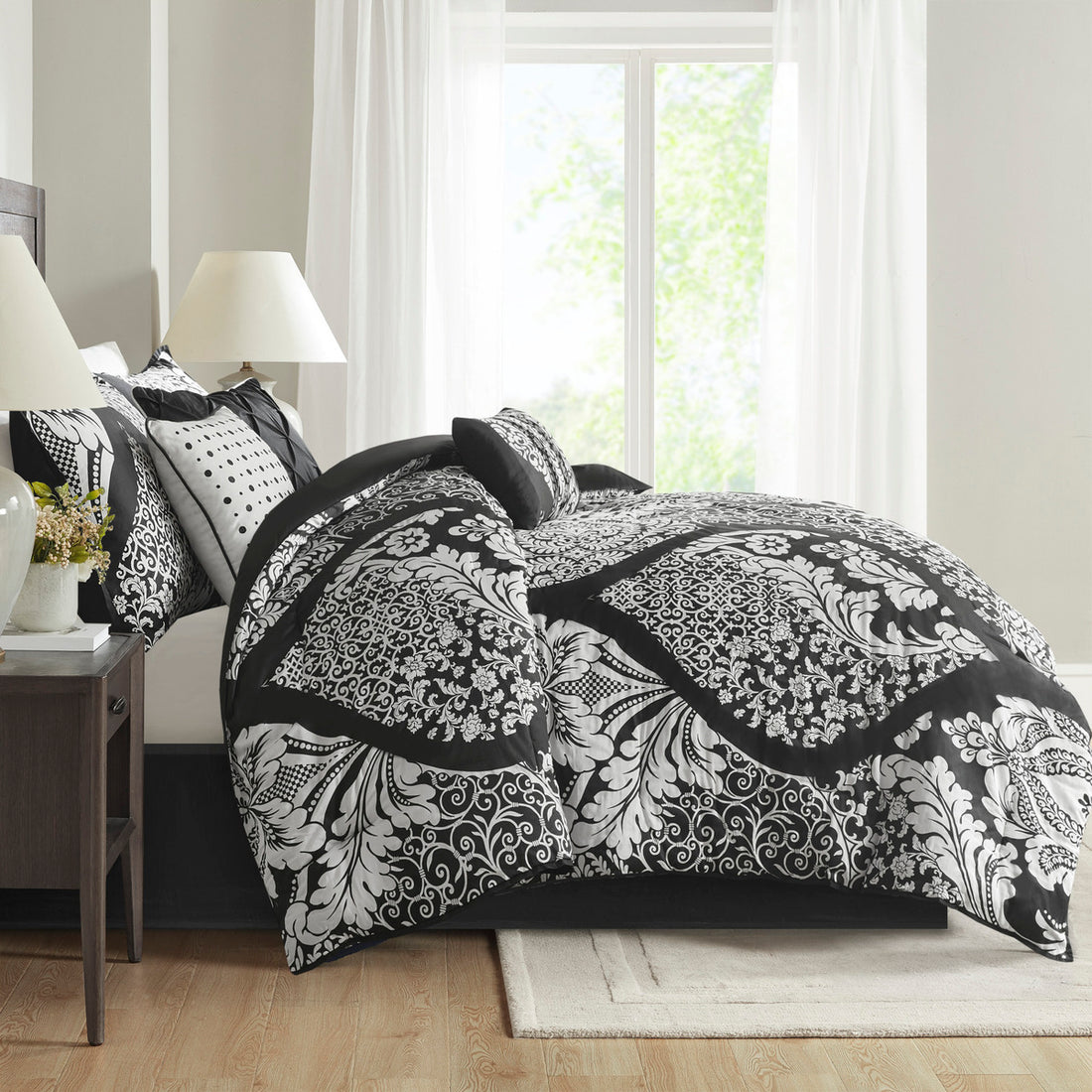 7 Piece Cotton Printed Comforter Set Black Cal King California King Black Polyester