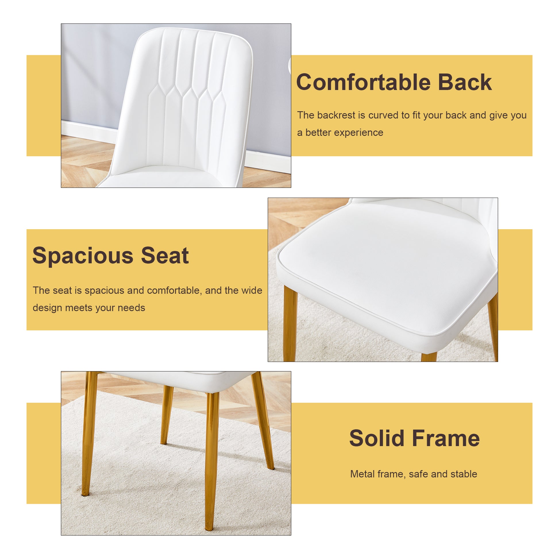 Table And Chair Set.63"W X 37"D X 30"H Black Marble Mdf Diningtable Set With 6 White Pu Chairs With Gold Metal Legs.Bring A Comfortable Home Experience To The Kitchen, Bedroom, And Office. White