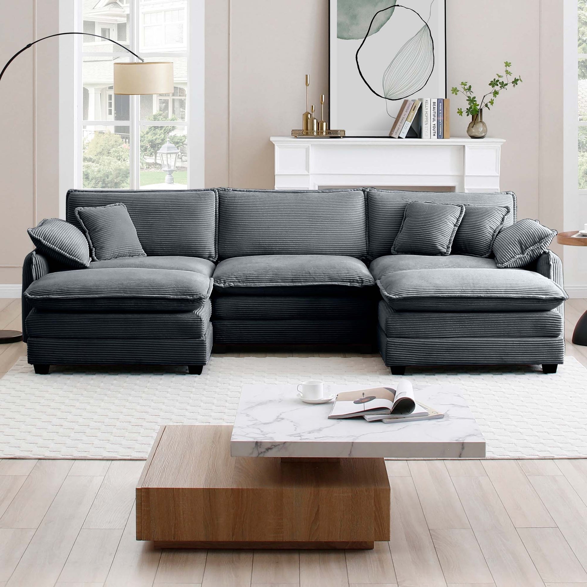Oversized Modular Cushioned Sofa With Conversible Ottoman, 3 Seater Sofa With 2 Footstools, U Shape Sofa Ingrey Corduroy Fabric Grey Corduroy 3 Seat