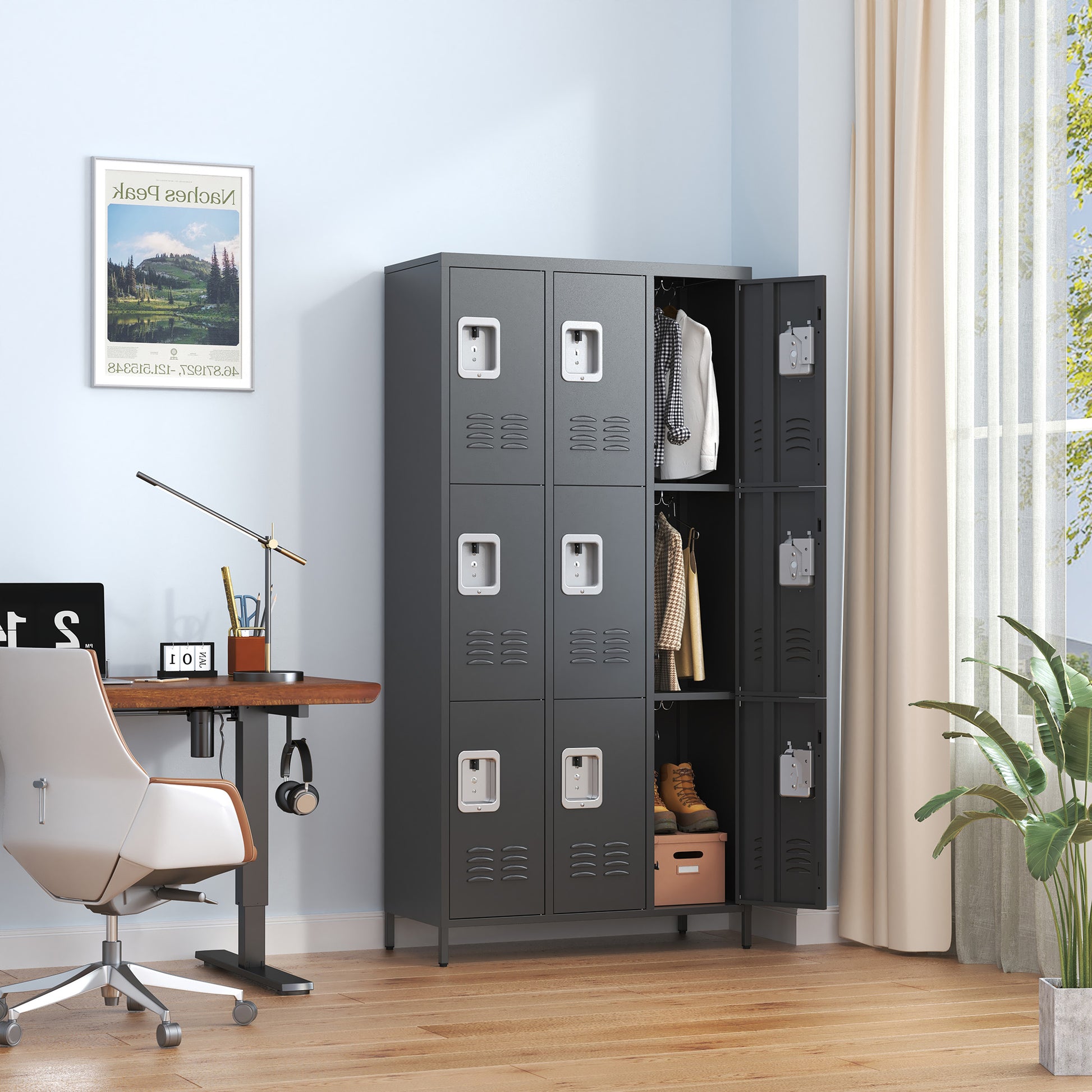 9 Door 72"H Metal Lockers With Lock For Employees,School,Office,Gym,Bedroom,Storage Locker Cabinet,Gray,Assembly Required,Black 5 Or More Spaces Black Primary Living Space Door Locks Modern Metal