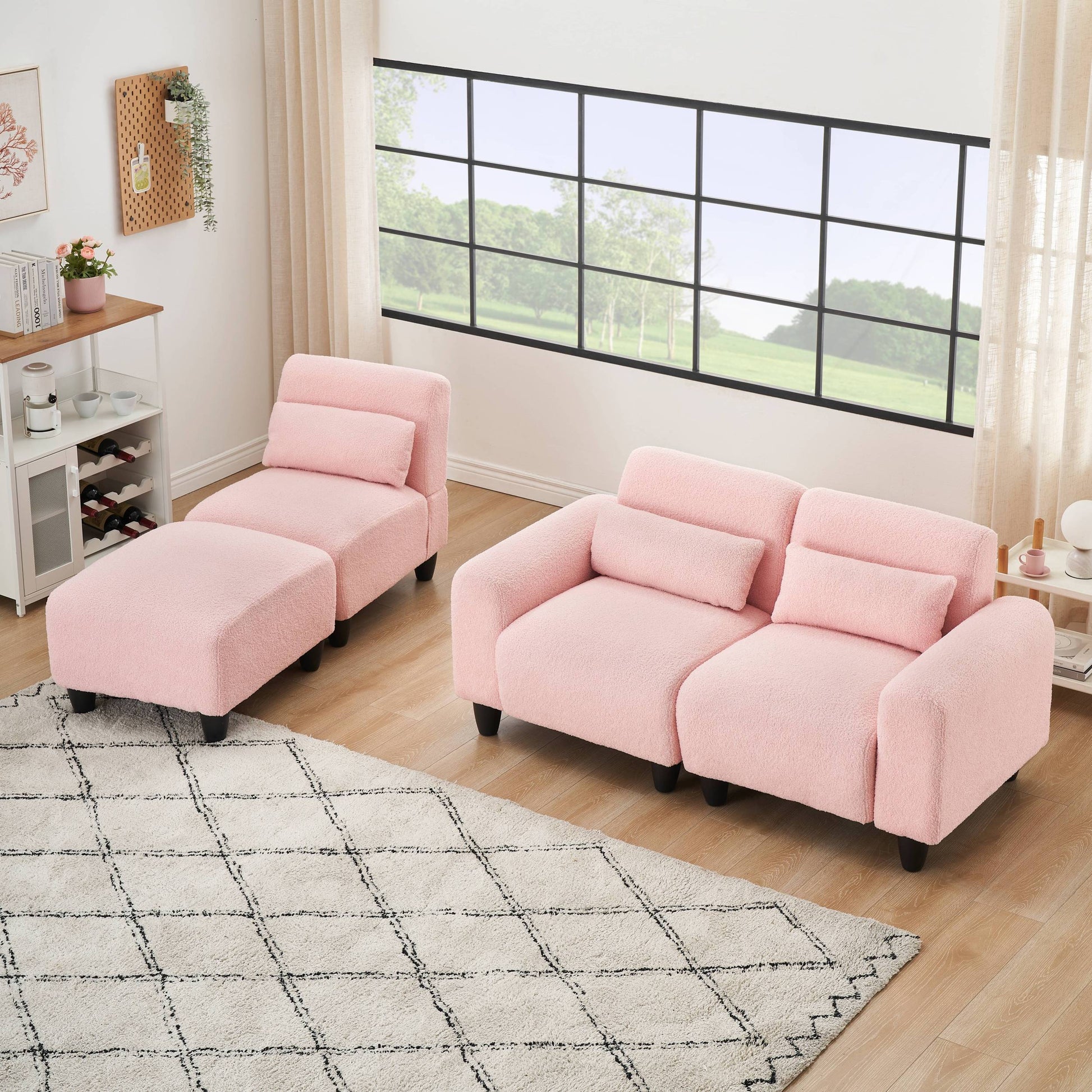 The 84.6 Inch Pink Teddy Fleece Creative Sofa Can Be Assembled Into A Two Seater Sofa Plus A Single Couch With Three Waist Pillows To Perfectly Stretch Your Waist For Small Apartment Bedroom Spaces Pink Polyester Blend 4 Seat