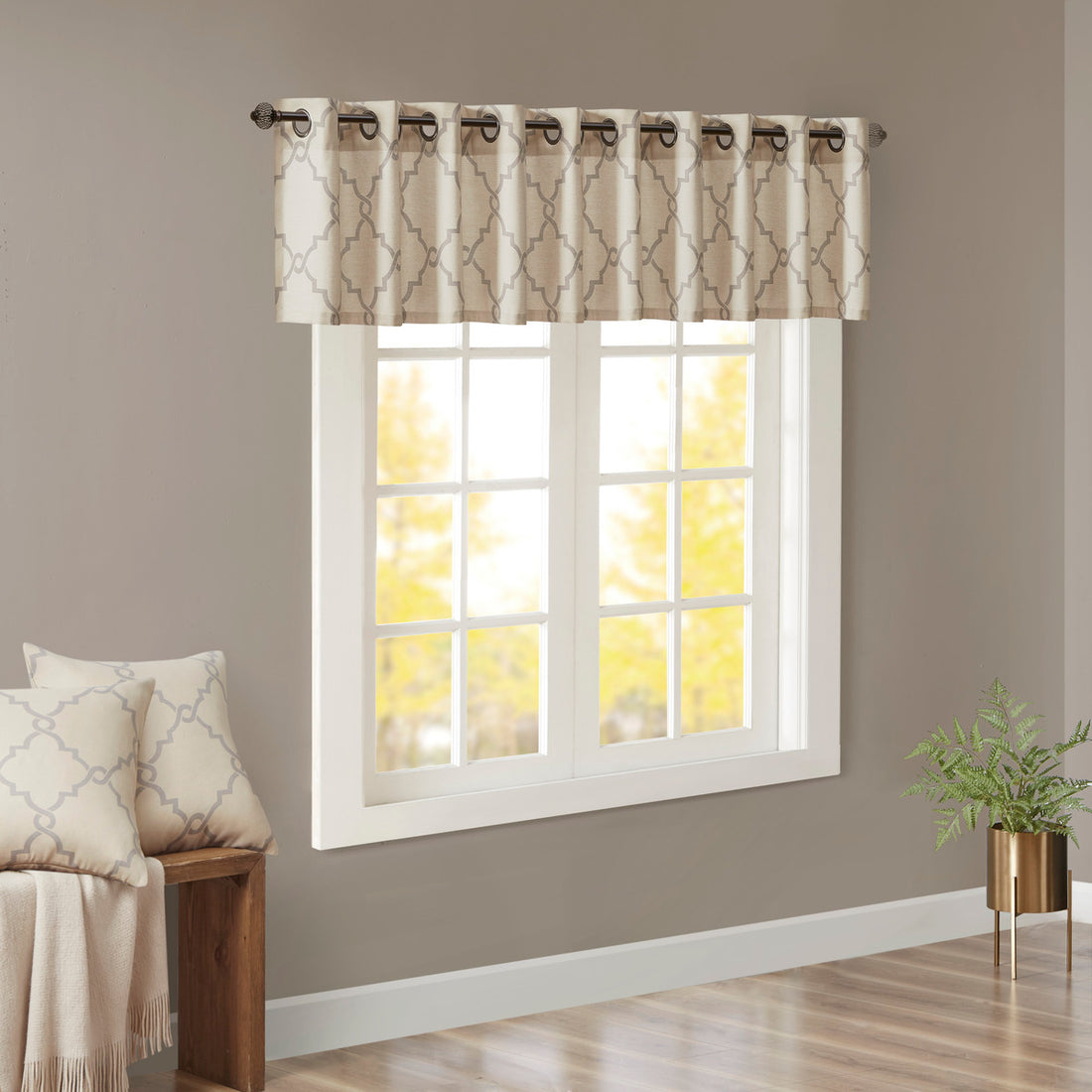 Fretwork Print Grommet Top Window Valance Beige Grey 50X18" Beige Grey Polyester