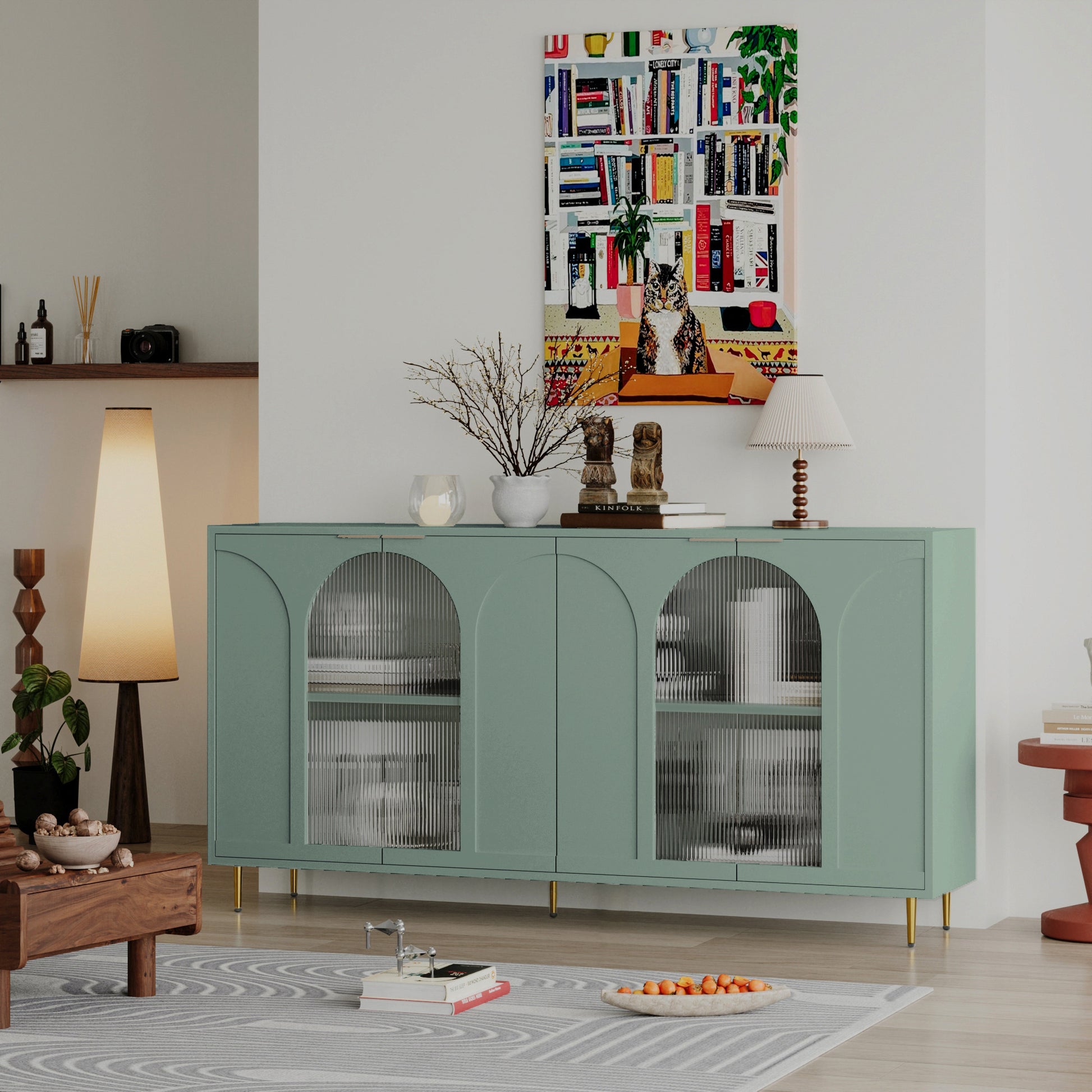 Accent Cabinet Lacquered Wooden Cabinet With 4 Glass Doors Sideboard Buffet Server Cabinet Storage Cabinet, For Living Room, Entryway, Hallway, Office, Kitchen And Dining Room, Mint Green Lacquered