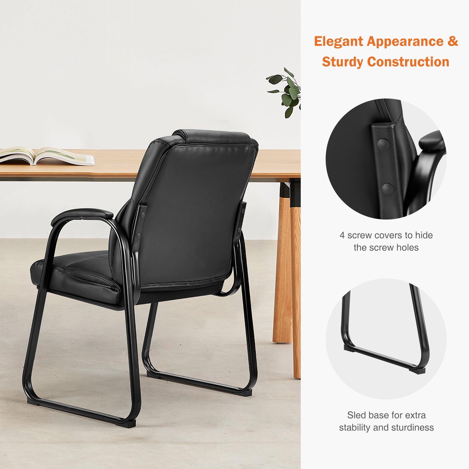 Leather Office Guest Chair No Wheels, Comfy Padded Arms And Seld Base, For Reception Conference Room Black Stainless Steel