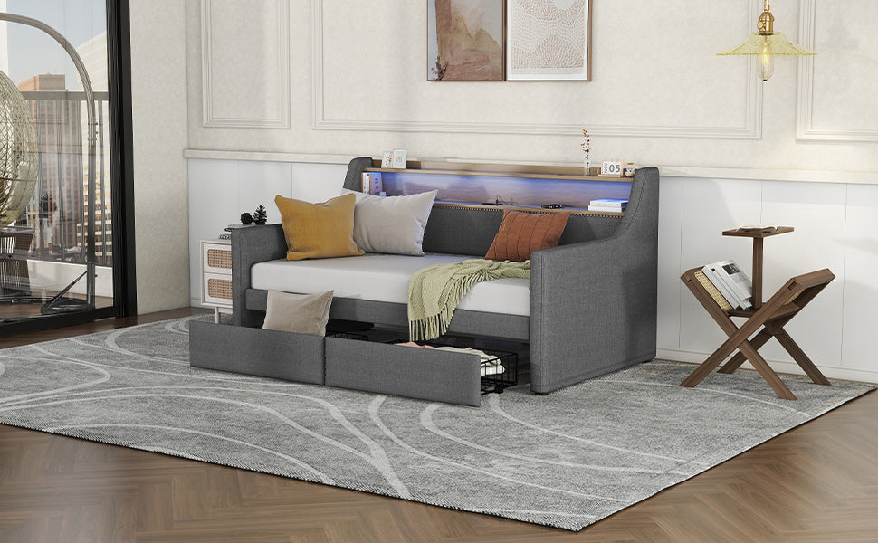 Twin Size Daybed With Storage Drawers, Upholstered Daybed With Charging Station And Led Lights, Gray Old Item W1580S00023 Twin Gray Linen