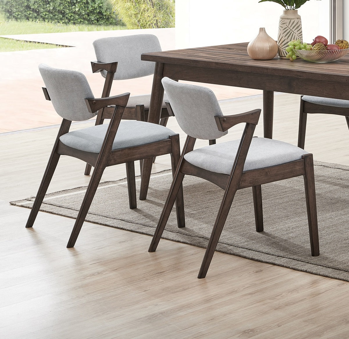 Modern 7Pc Dining Set Ash Walnut Finish Dining Table 6X Side Chairs Foam Cushion Fabric Upholstery Unique Back Design Wood Dining Room Rubberwood Rectangular Dining Table With Chair Upholstered Chair Wood Walnut Solid Back Seats 6