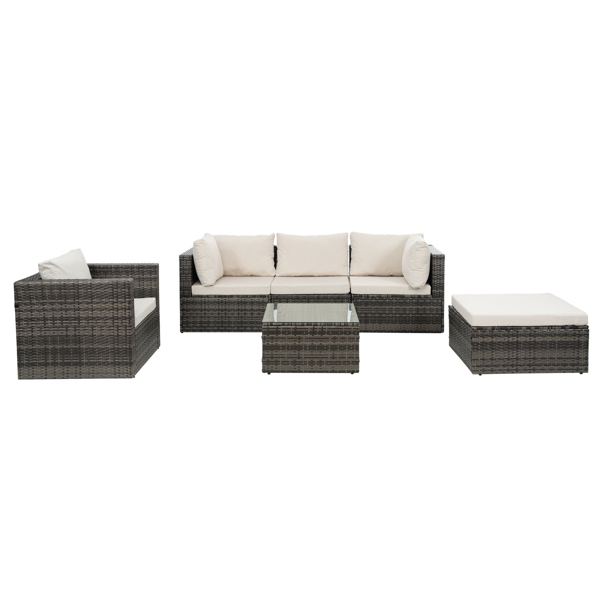 Patio Furniture, Outdoor Furniture, Seasonal Pe Wicker Furniture, 6 Set Wicker Furniture With Tempered Glass Coffee Table Dark Gray Seats 4 Pe Rattan Iron Waterproof Fabric