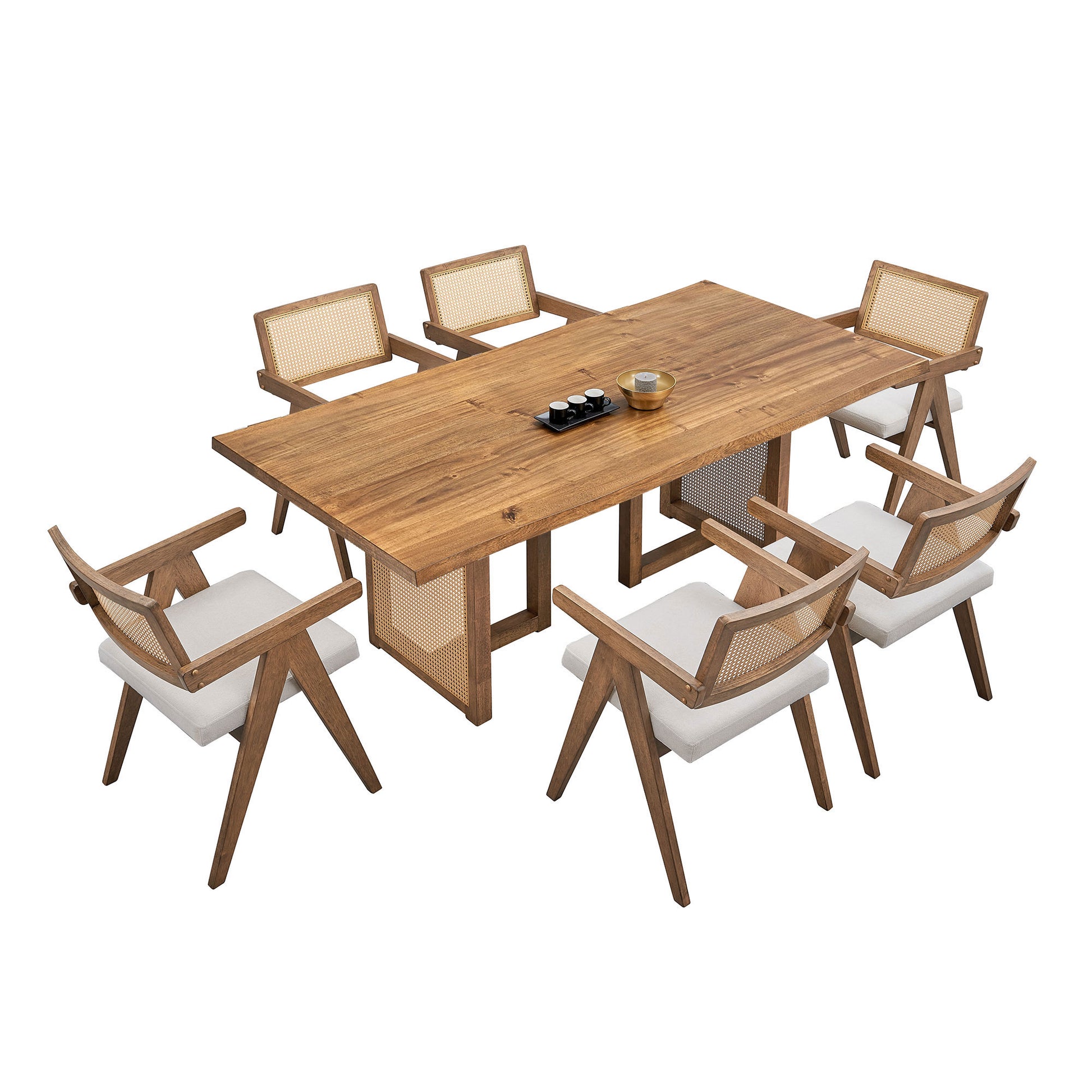 86.61 Inch Oversize Rectangular Waves Dining Table,Wooden Dining Table For 6 Persons,Mid Century Modern Large Kitchen Table For Living Room,Bohemian Dining Table With Rattan Weave For Restaurant Oak
