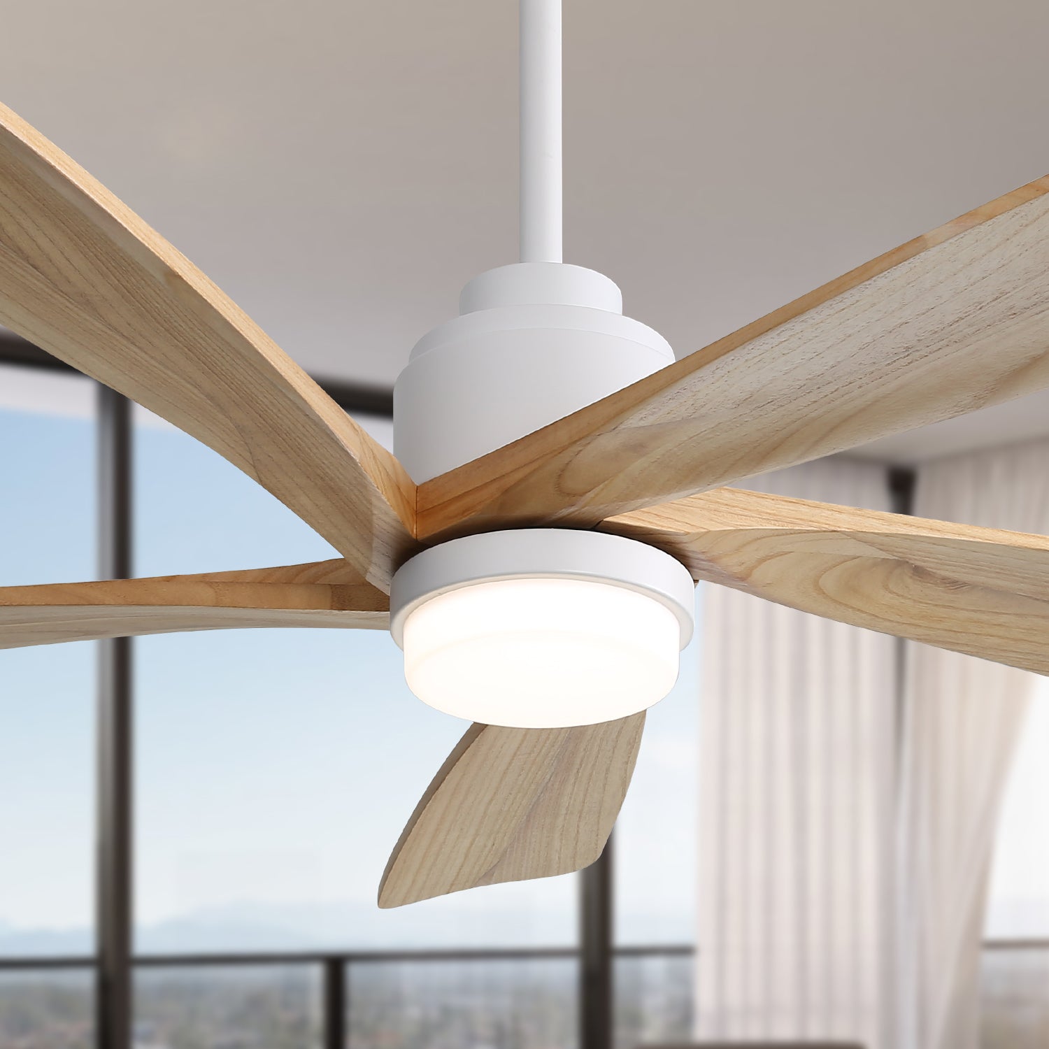 52 Inch Ceiling Fan With Dimmable Led Light 5 Solid Wood Blades Smart Remote Control Reversible Dc Motor Ceiling Fan White Metal & Wood