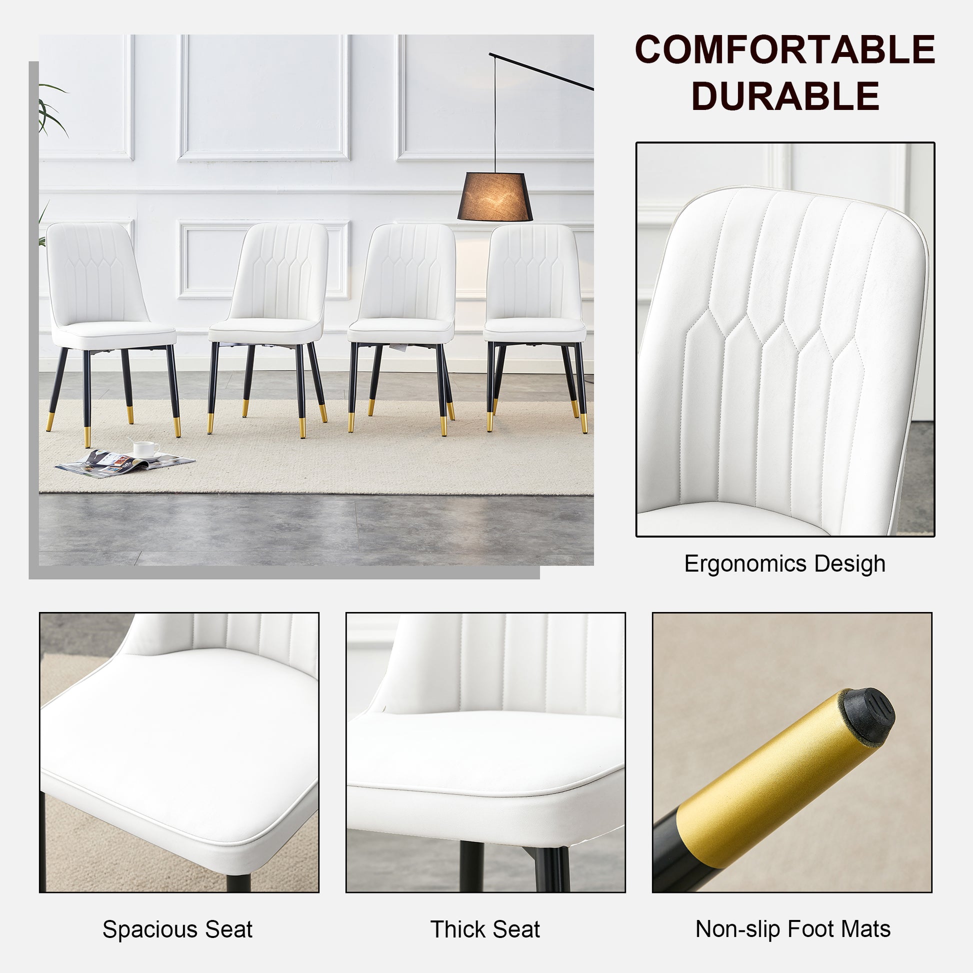 Table And Chair Set.Modern Minimalist Dining Table. White Imitation Marble Pattern Sintered Stone Desktop With Golden Metal Legs.Paried With 4 Comfortable Chairs With Pu Seats And Black Metal Legs.