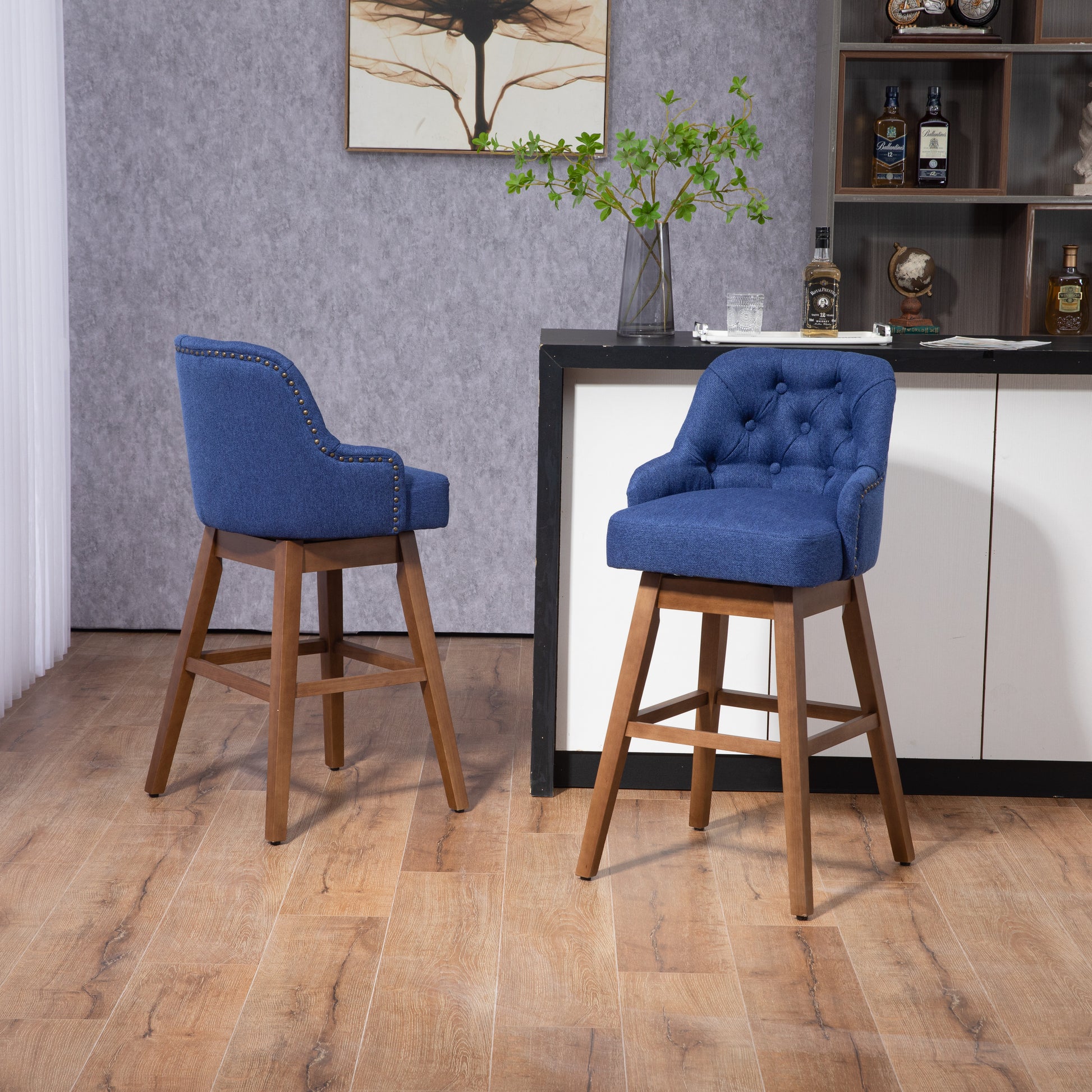 Coolmore Bar Stools Set Of 2 Counter Height Chairs With Footrest For Kitchen, Dining Room And 360 Degree Solid Wood Legs Swivel Bar Stools Set Of 2 Navy Linen Navy Foam Linen