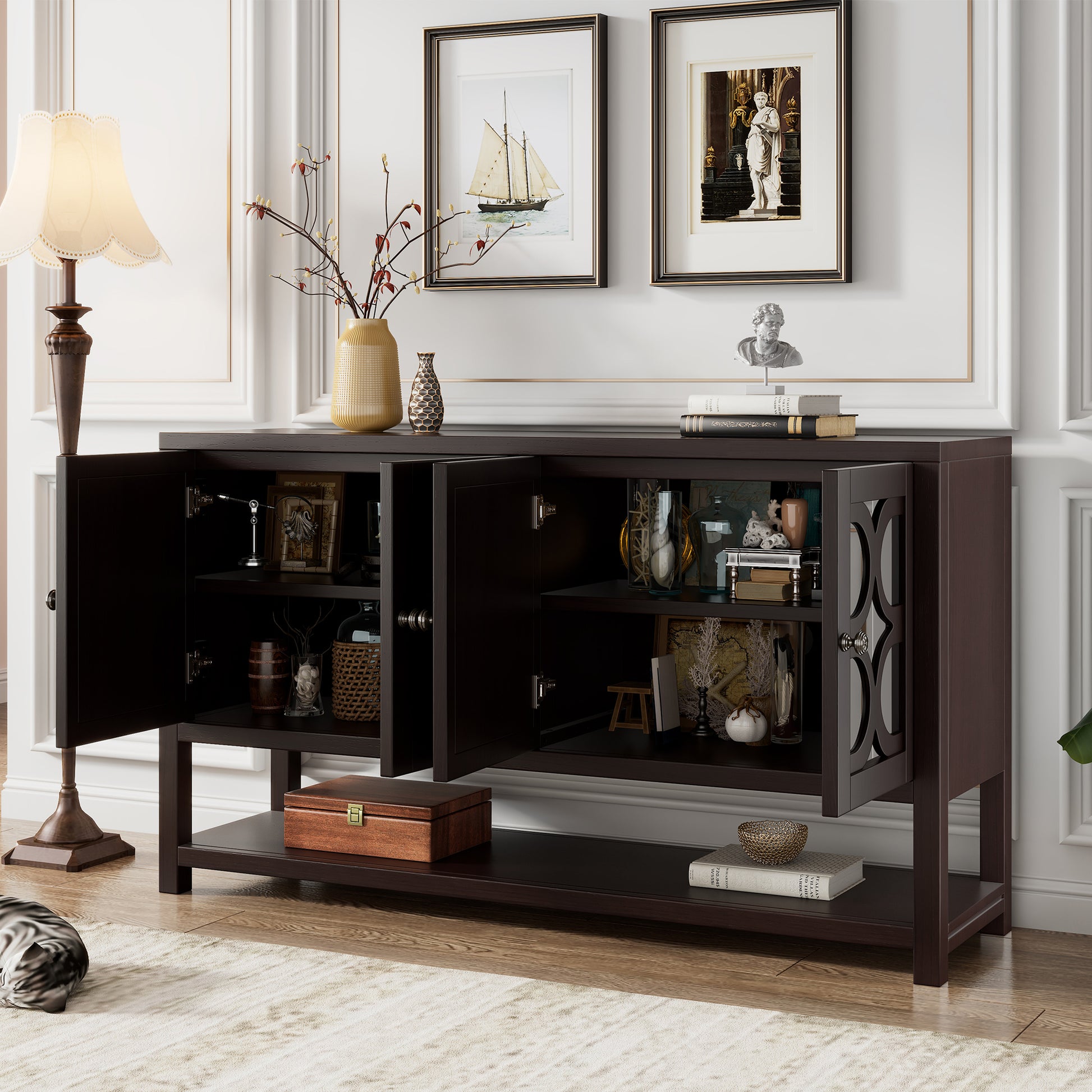 Elegant Retro Console Table Storage Cabinet Sideboard With Mirrored Doors, Spacious Shelves, And Durable Acacia Wood Legs Perfect For Living Room, Dining Room, Or Entryway Espresso Espresso Primary Living Space Solid Wood Mdf