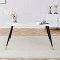 Modern Minimalist Dining Table. White Imitation Marble Pattern Sintered Stone Desktop With Black Metal Legs.62.2
