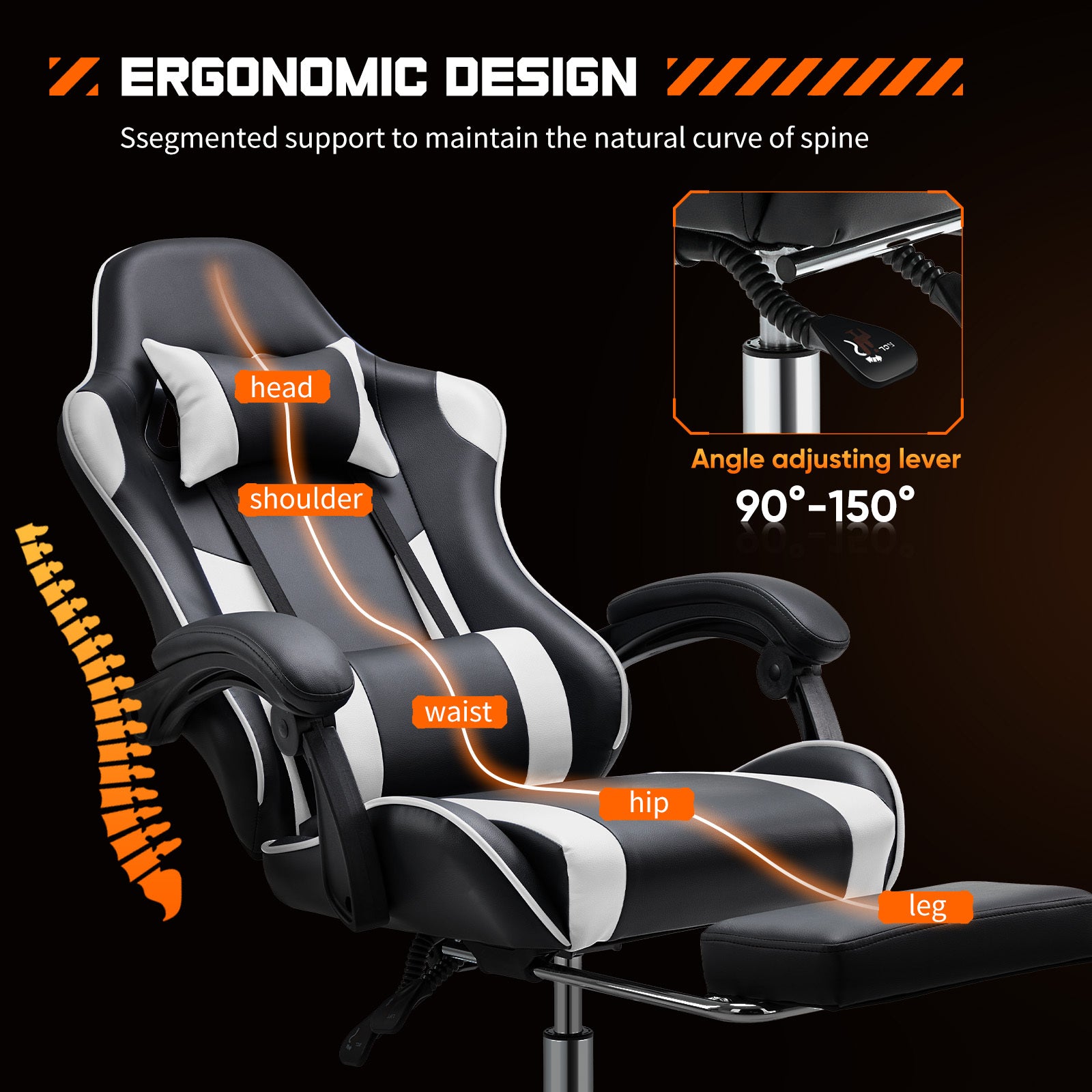 Video Game Desk Chair Ergonomic Computer With Footrest And Comfy Lumbar Support, Pu Leather Recliner With Headrest, Fixed Up Armrest, Height Adjustable With 360 Swivel, For Adults, White Black White Faux Leather
