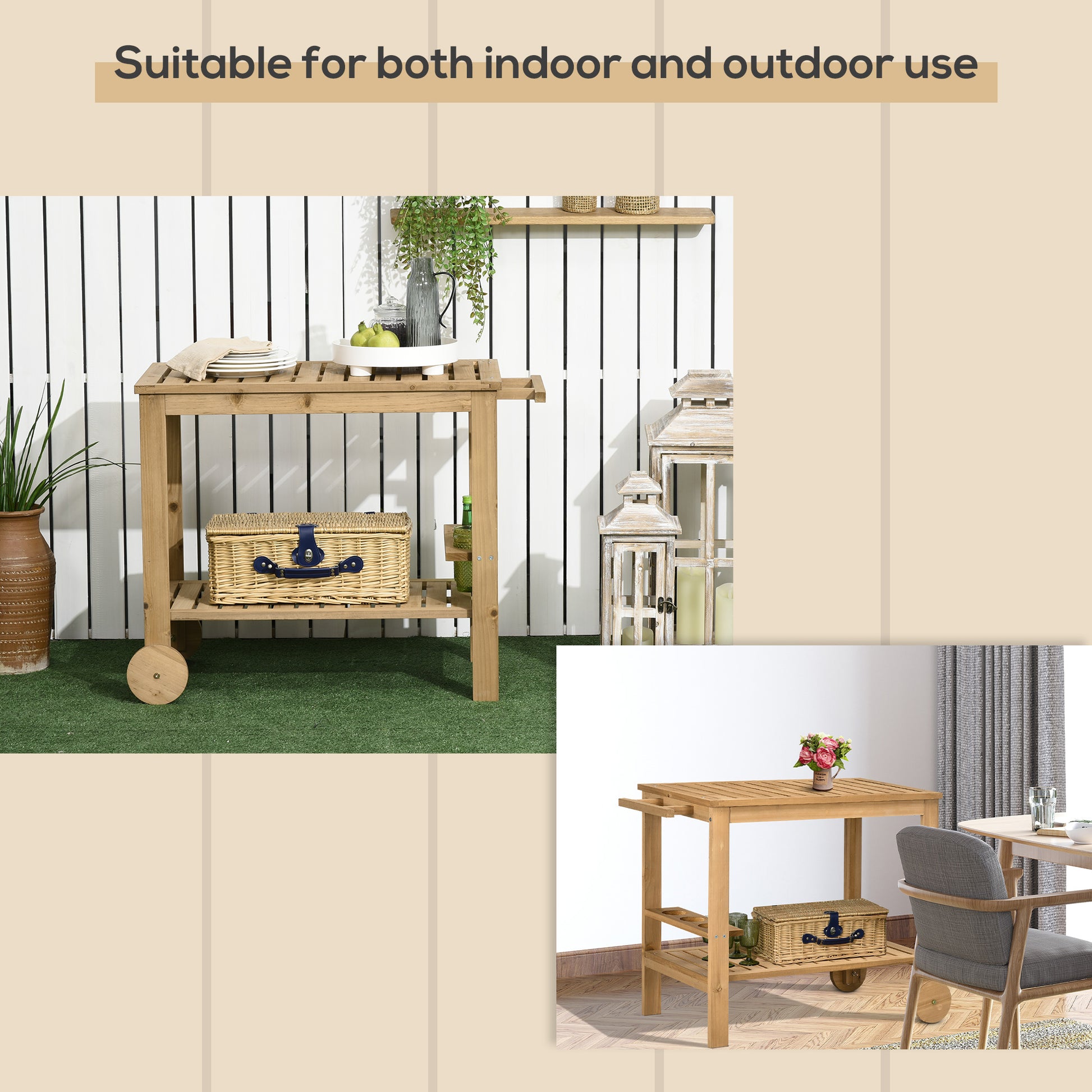 Outsunny Outdoor Bar Cart, Wood Rolling Home Bar & Serving Cart With 2 Shelves, Wine Bottle Holders For Garden, Dining Room, Natural Natural Wood