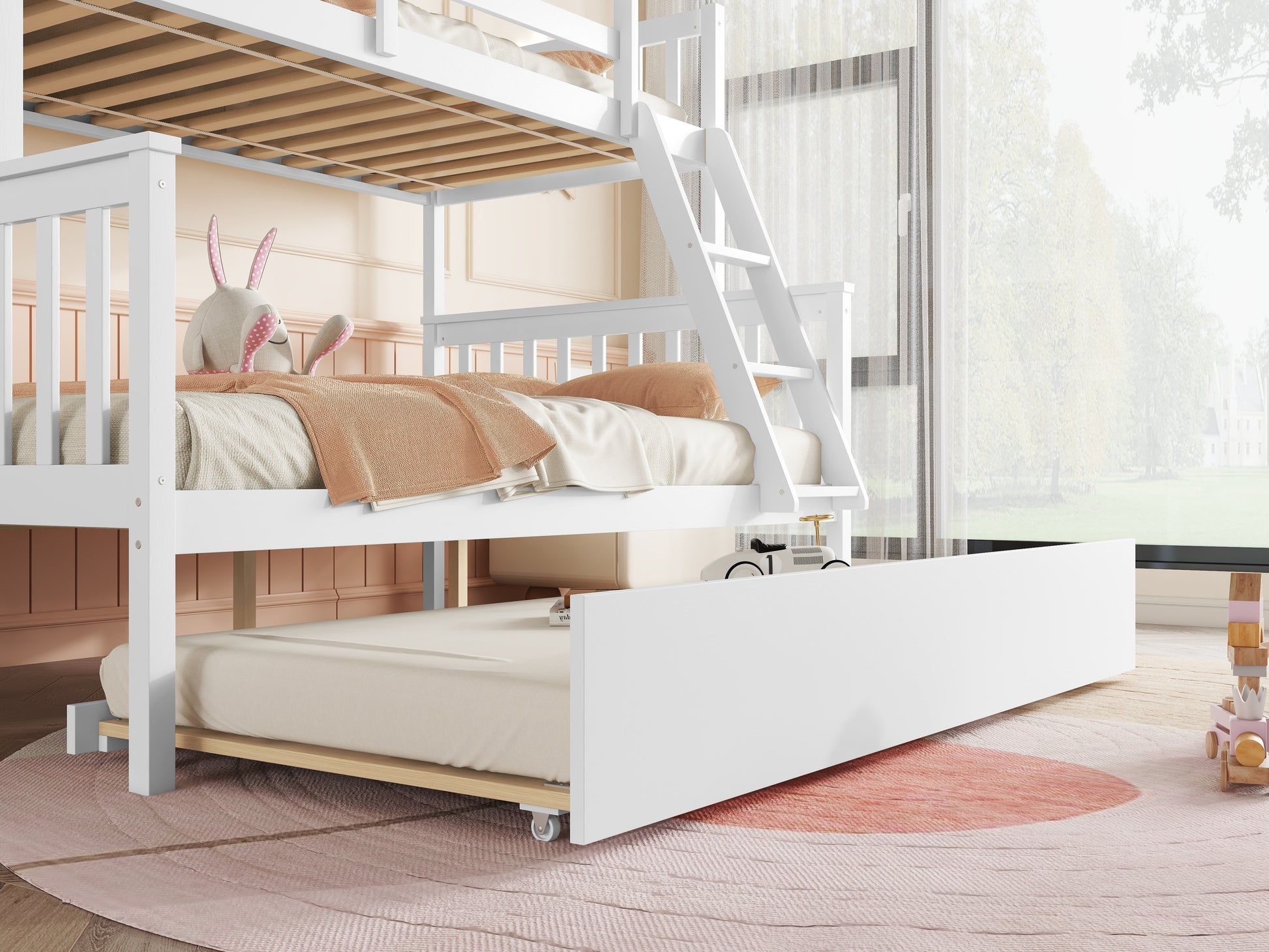 Twin Over Full Rubber Wood Bunk Bed With Trundle, Convertible Ladder And Guardrail, Detachable, Convertible Bed, With Twin Size Trundle ,White Twin White Rubber Wood