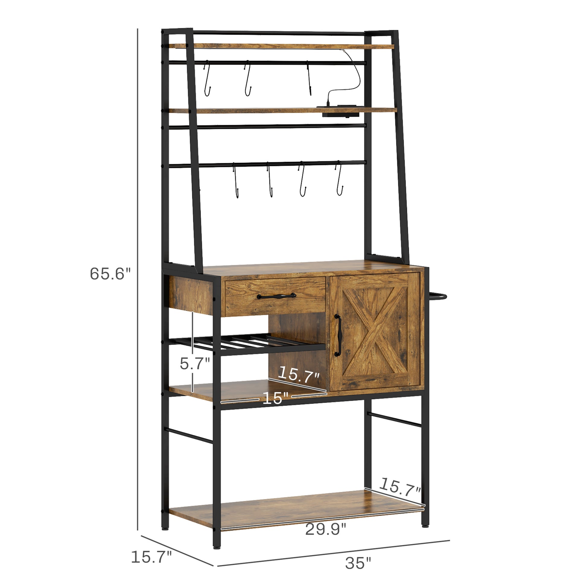 Homcom Baker'S Rack With Power Outlet And Led Lights, Coffee Bar With Storage Shelves, Industrial Microwave Stand With Wine Bottle Rack, Drawer, Barn Door Cabinet, Rustic Brown Rustic Brown Particle
