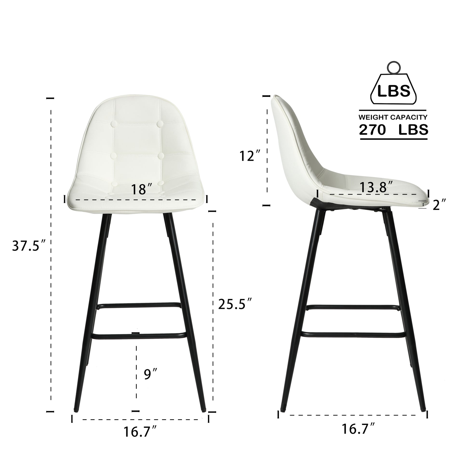 Counter Stools,Set Of 2 Bar Stools With Back And Footrest, Modern Metal Counter Height Barstools For Kitchen Home Bar,25.5" Armless Barstool Chairs White Leather