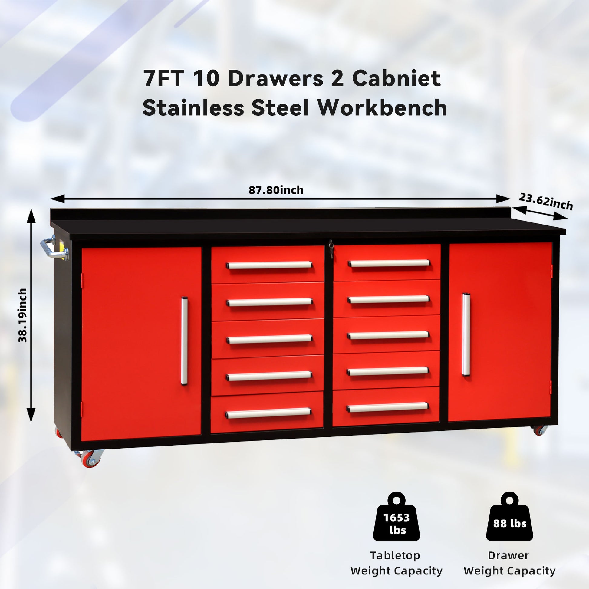 7Ft Storage Cabinets With Workbench 10 Drawers & 2 Cabinets Red Red Steel
