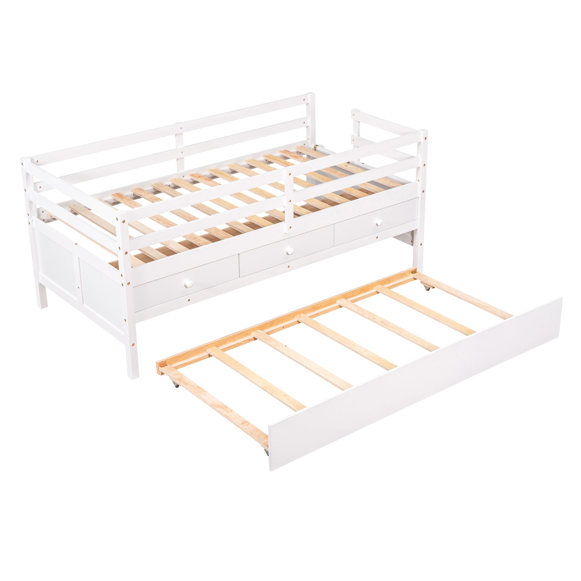 Low Loft Bed Twin Size With Full Safety Fence, Climbing Ladder, Storage Drawers And Trundle White Solid Wood Bed White Solid Wood