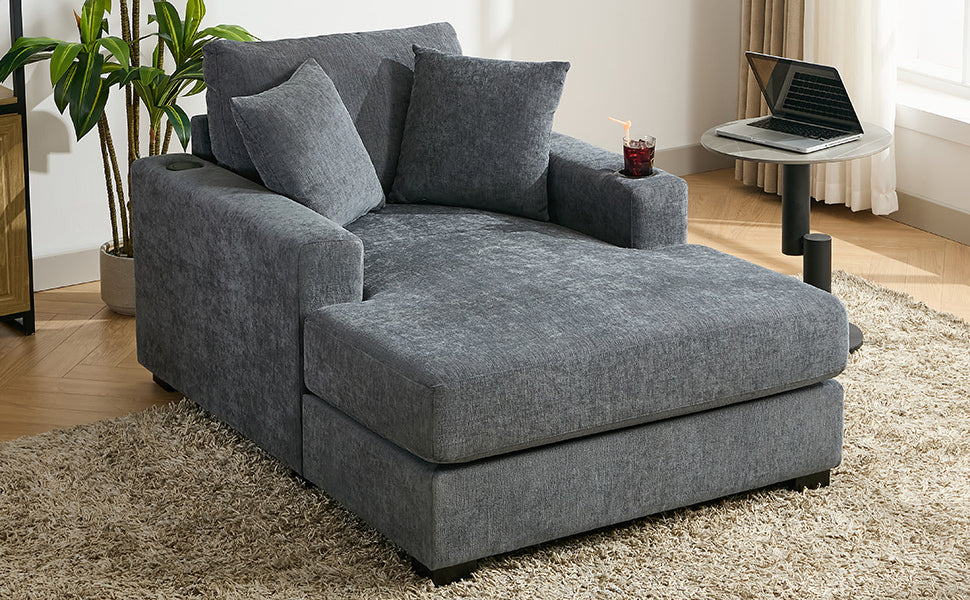 43.5" Oversized Chaise Lounger Modern Style Sofa Couch ,With Pillows, Charge Station & Cup Holders, Chenille Fabric, Blue Gray Blue Gray Chenille