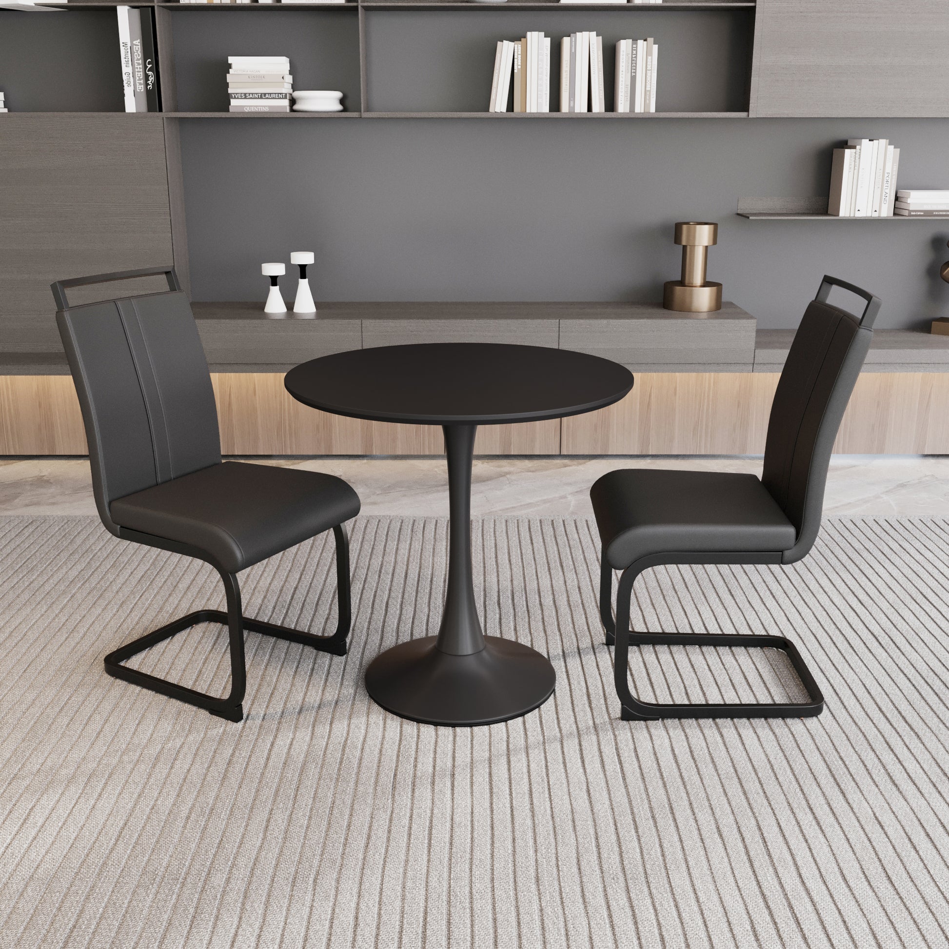 Black Circular Dining Table, 31.5 "Tulip Dining Table, Kitchen Dining Table For 2 4 People, Mdf Tabletop And Base, And 2 Black Pu Black Metal Leg Dining Chairs Set 2 Black Mdf