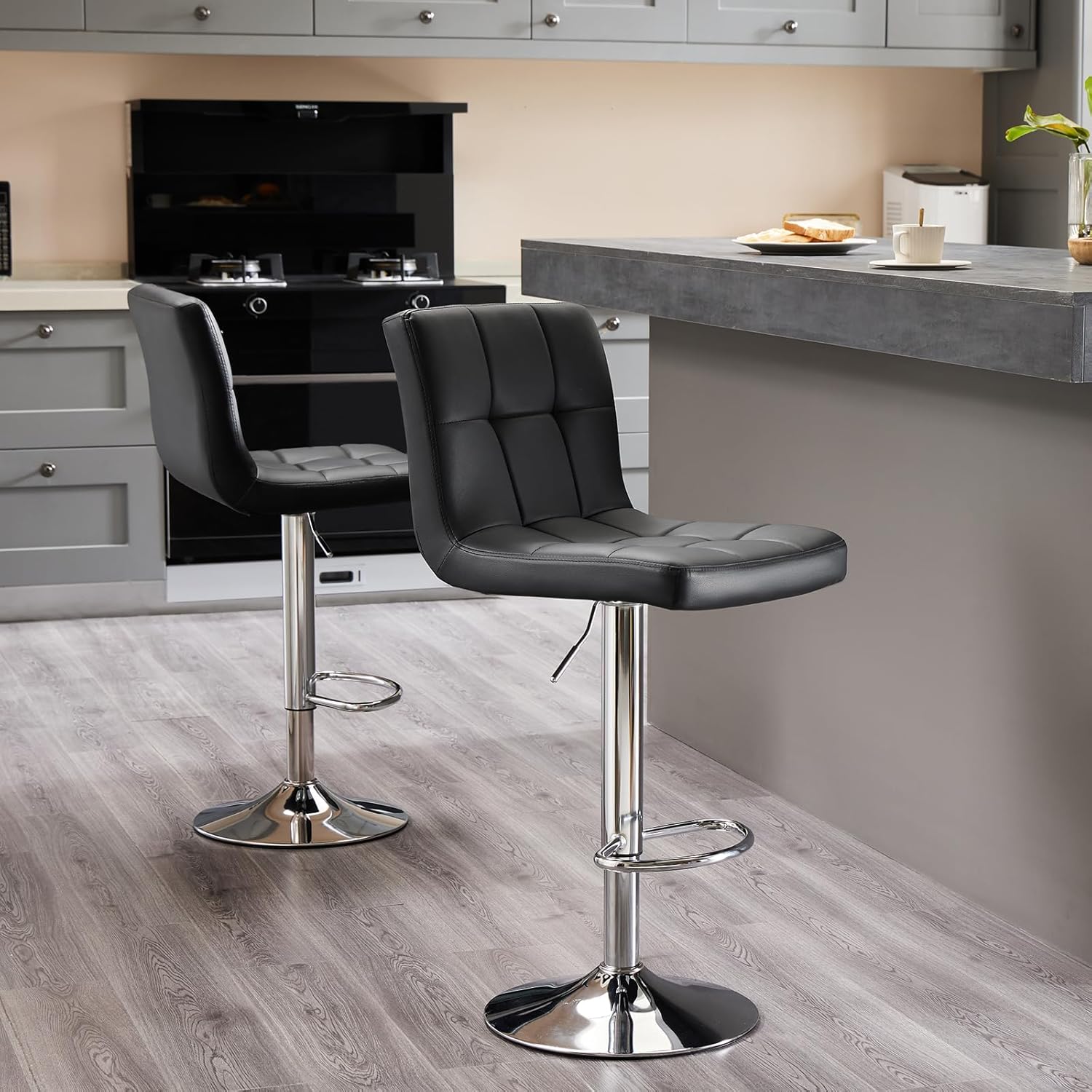 Bar Stools Set Of 2, Pu Leather Adjustable Swivel Barstools, Armless Adjustable Kitchen Counter Height Bar Stools, Thickened Seat Cushion Square Island Chairs With Back, Black Black Metal