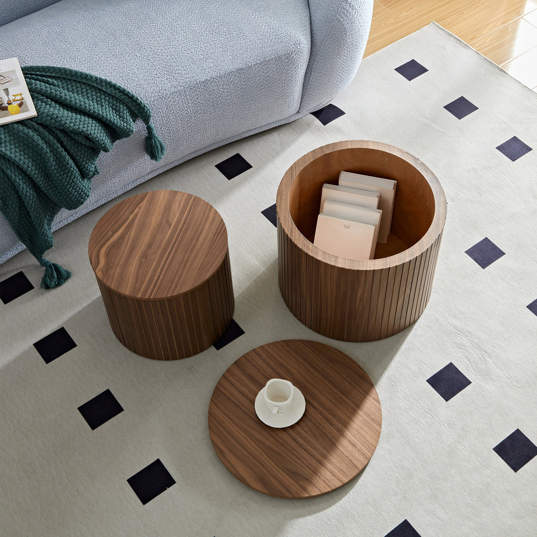 Mdf Nested Table Set 2 Pieces, Handcrafted Round Coffee Table In Living Lounge Area, Walnut Color Walnut Round Round Mdf