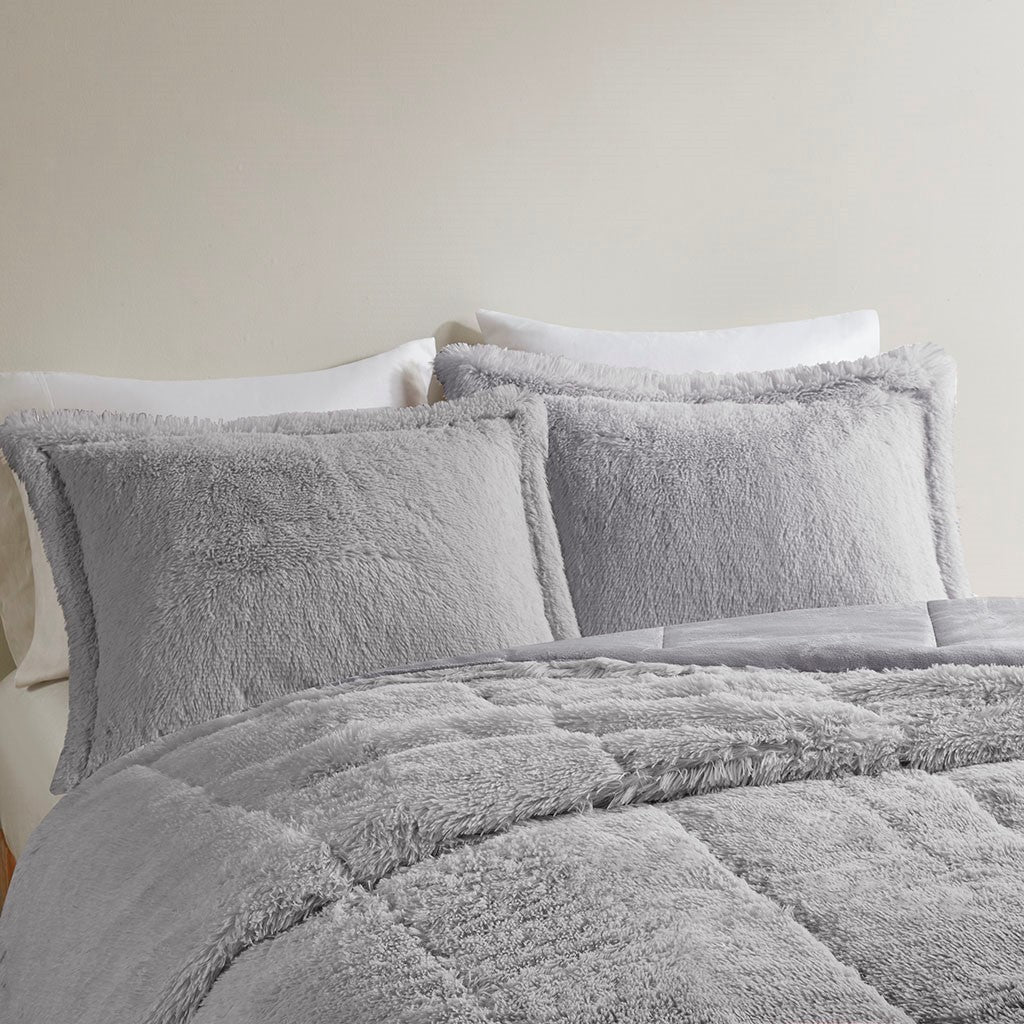 Ombre Shaggy Long Fur Comforter Mini Set Twin Grey Polyester